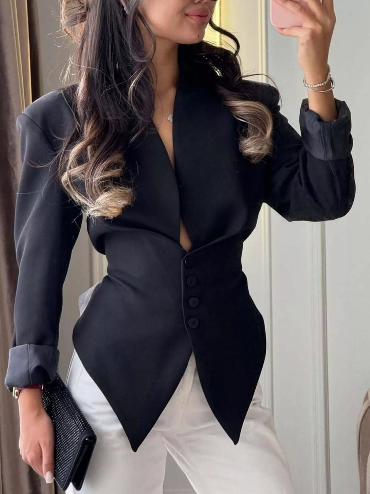 V-neck long sleeve blazer, front view on model