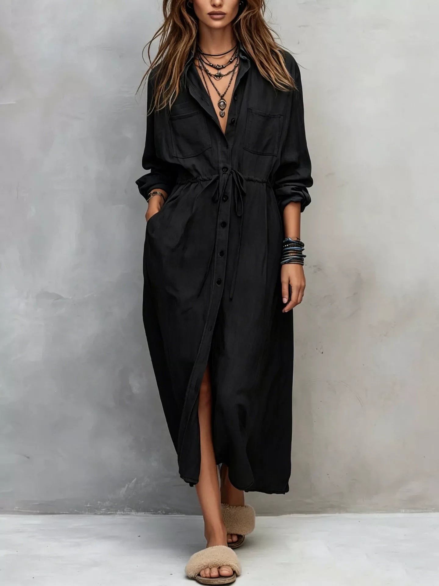 Trendsi Full Size Button Front Long Sleeve Shirt Dress Plus Size - Dresses