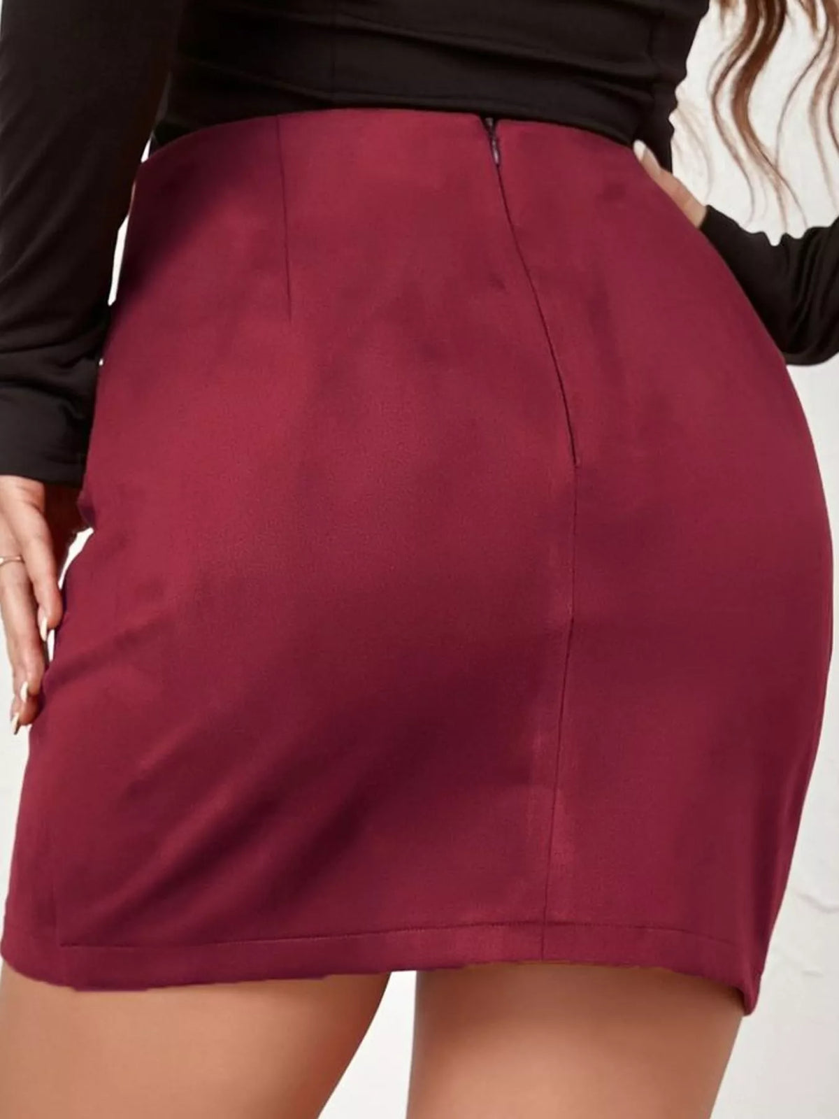 Burgundy ruched wrap-look mini skirt, back view