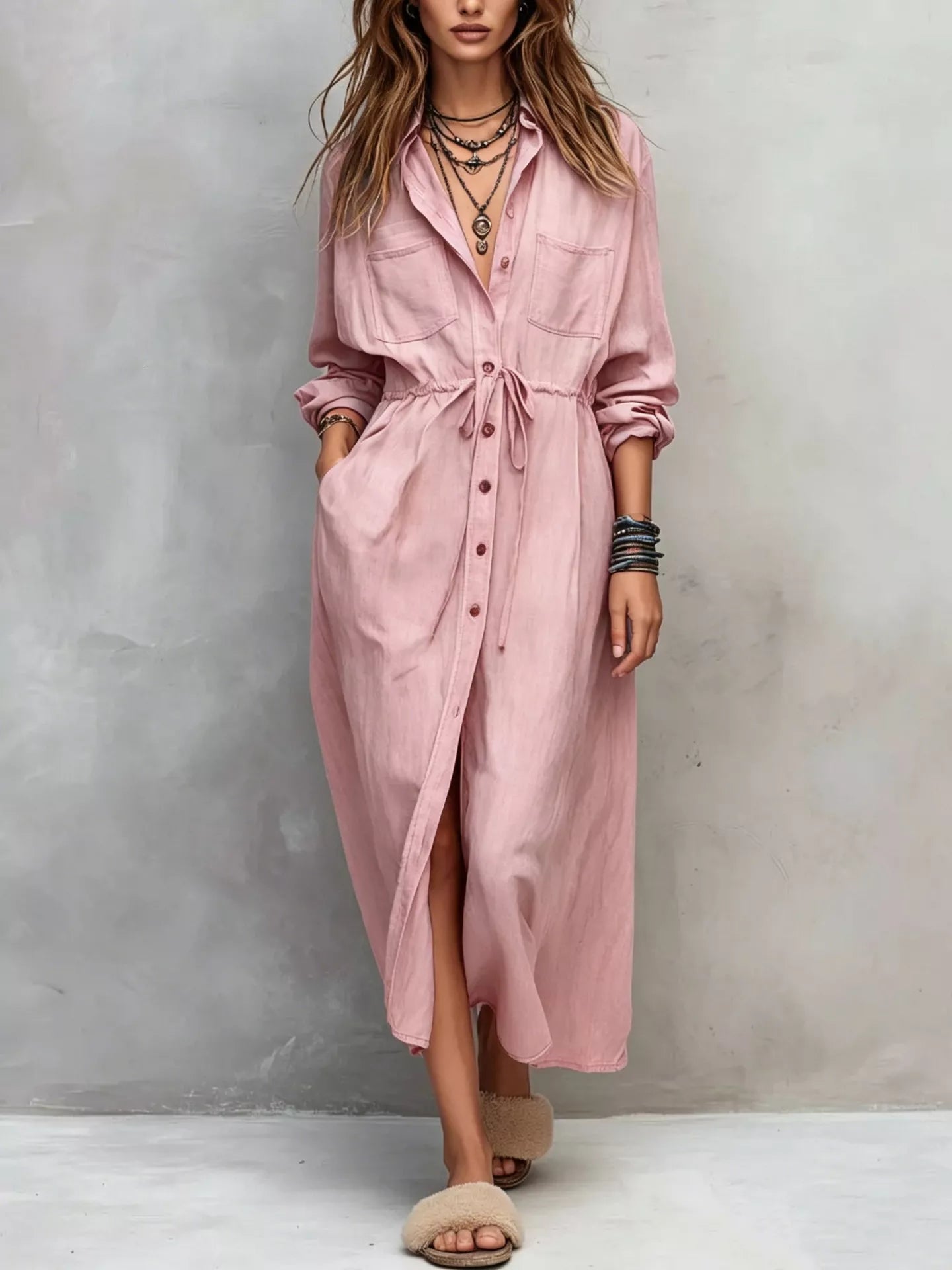 Trendsi Full Size Button Front Long Sleeve Shirt Dress Plus Size - Dresses