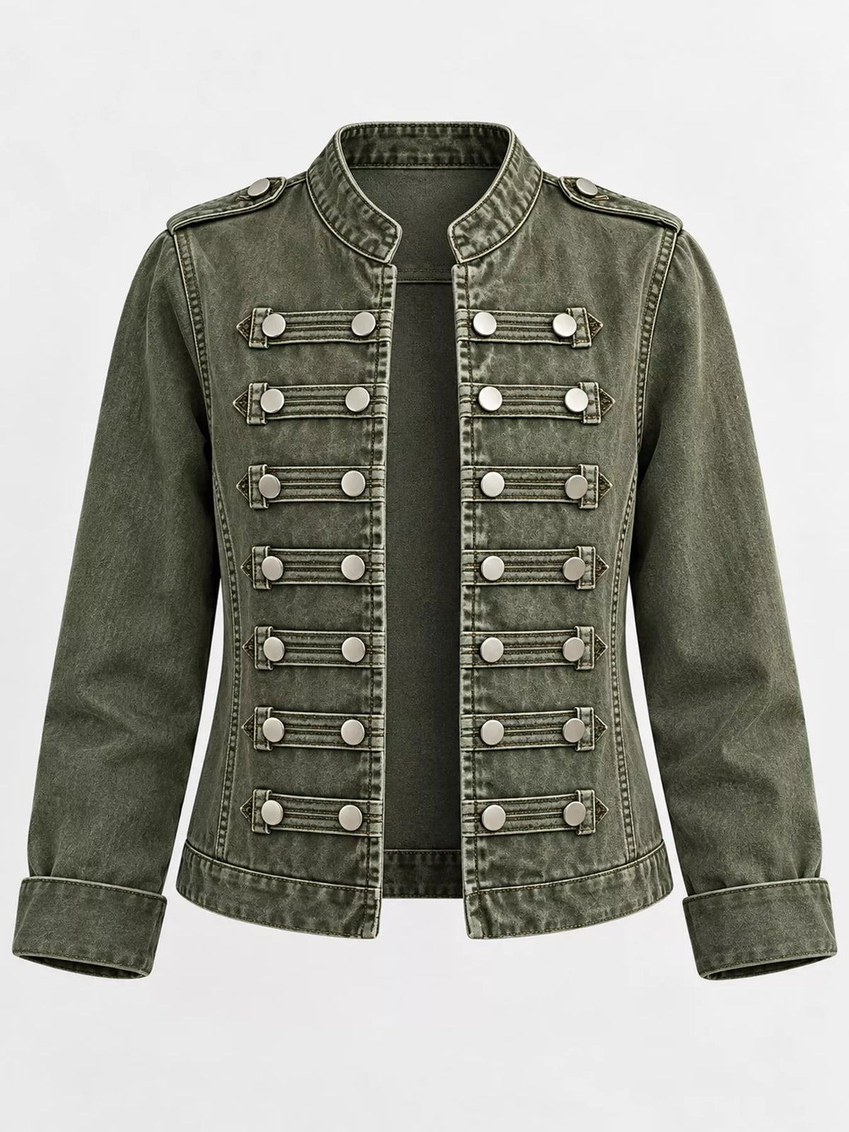 Decorative Button Cropped Denim Jacket — garment front