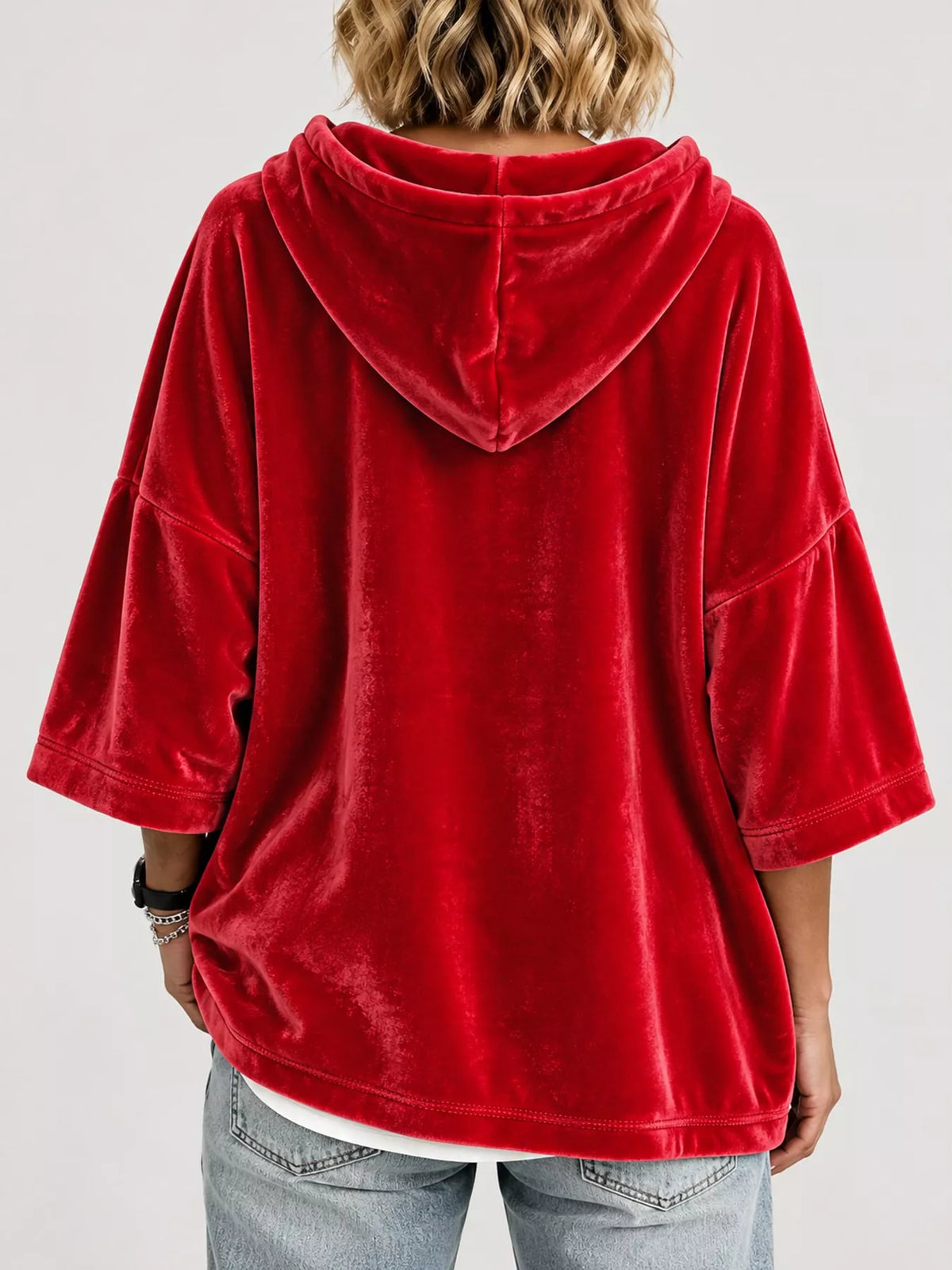 Velvet Button Hoodie in red, back view