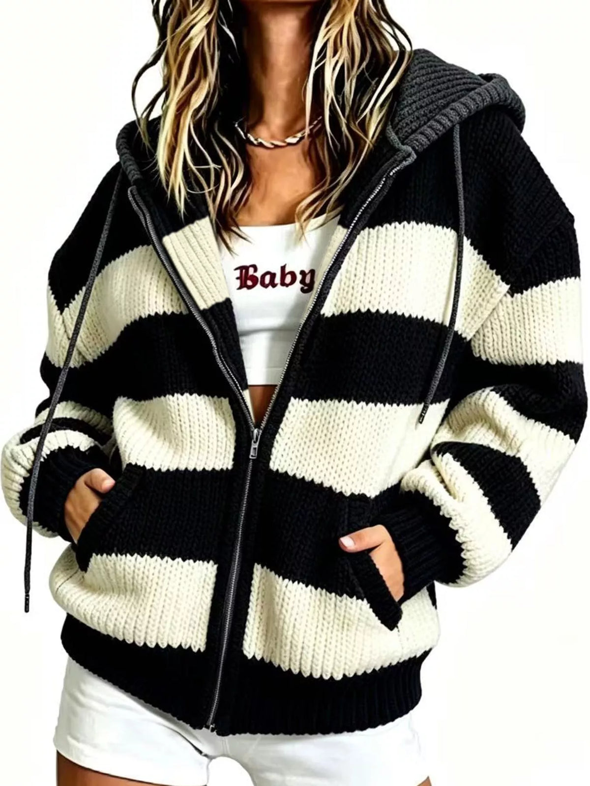 Hooded long sleeve cardigan, front view on model