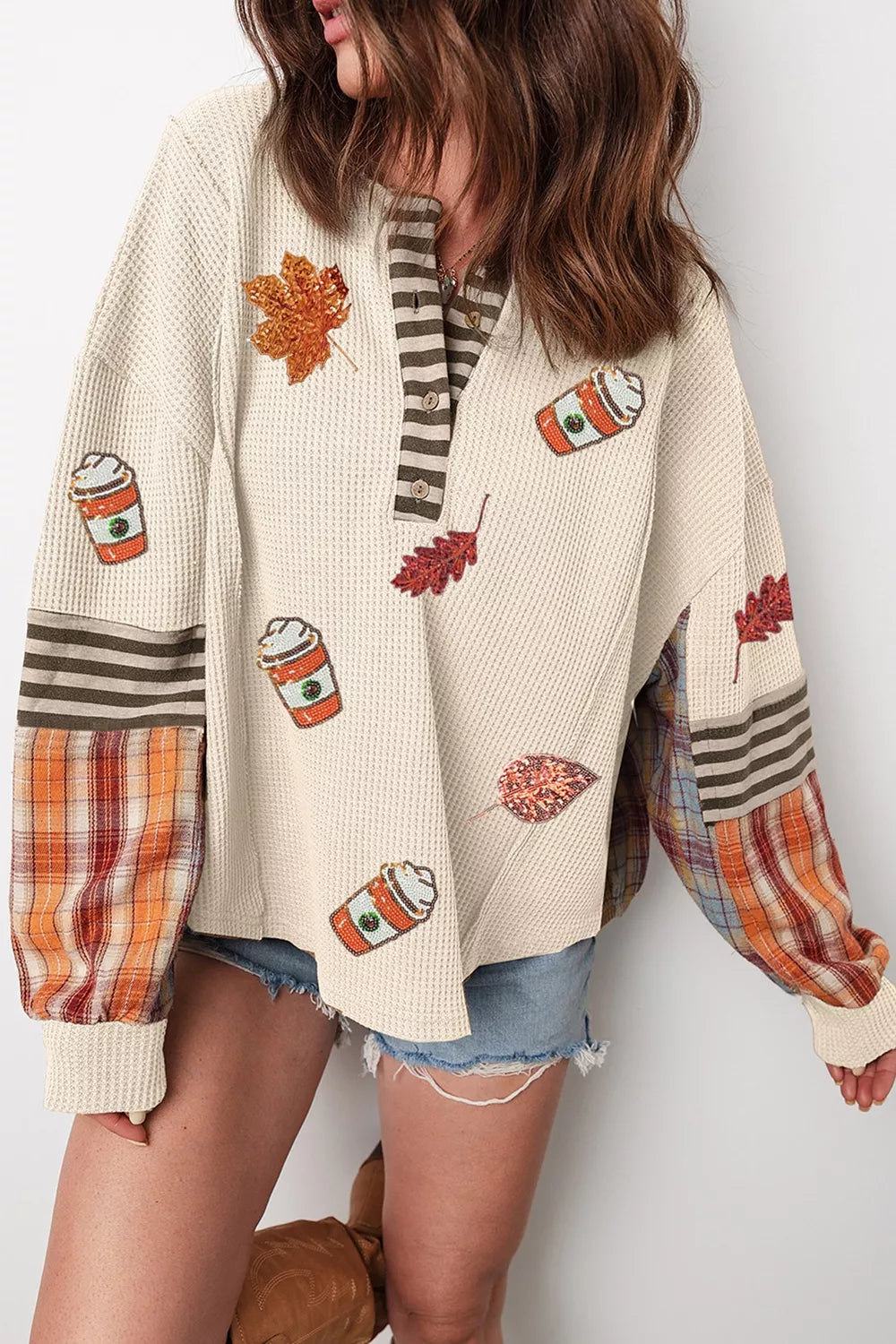 Trendsi Sequin Autumn Leaf & Coffee Cup Waffle Knit Top -