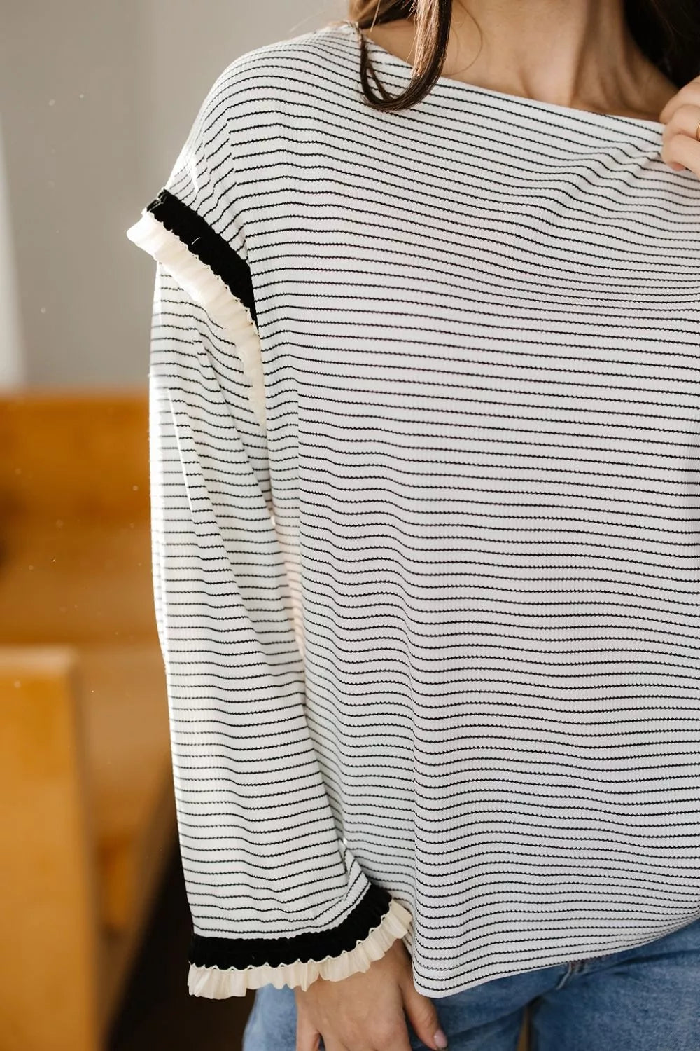 Trendsi Stripe Contrasted Ruffle Trim Loose Long Sleeve Top -