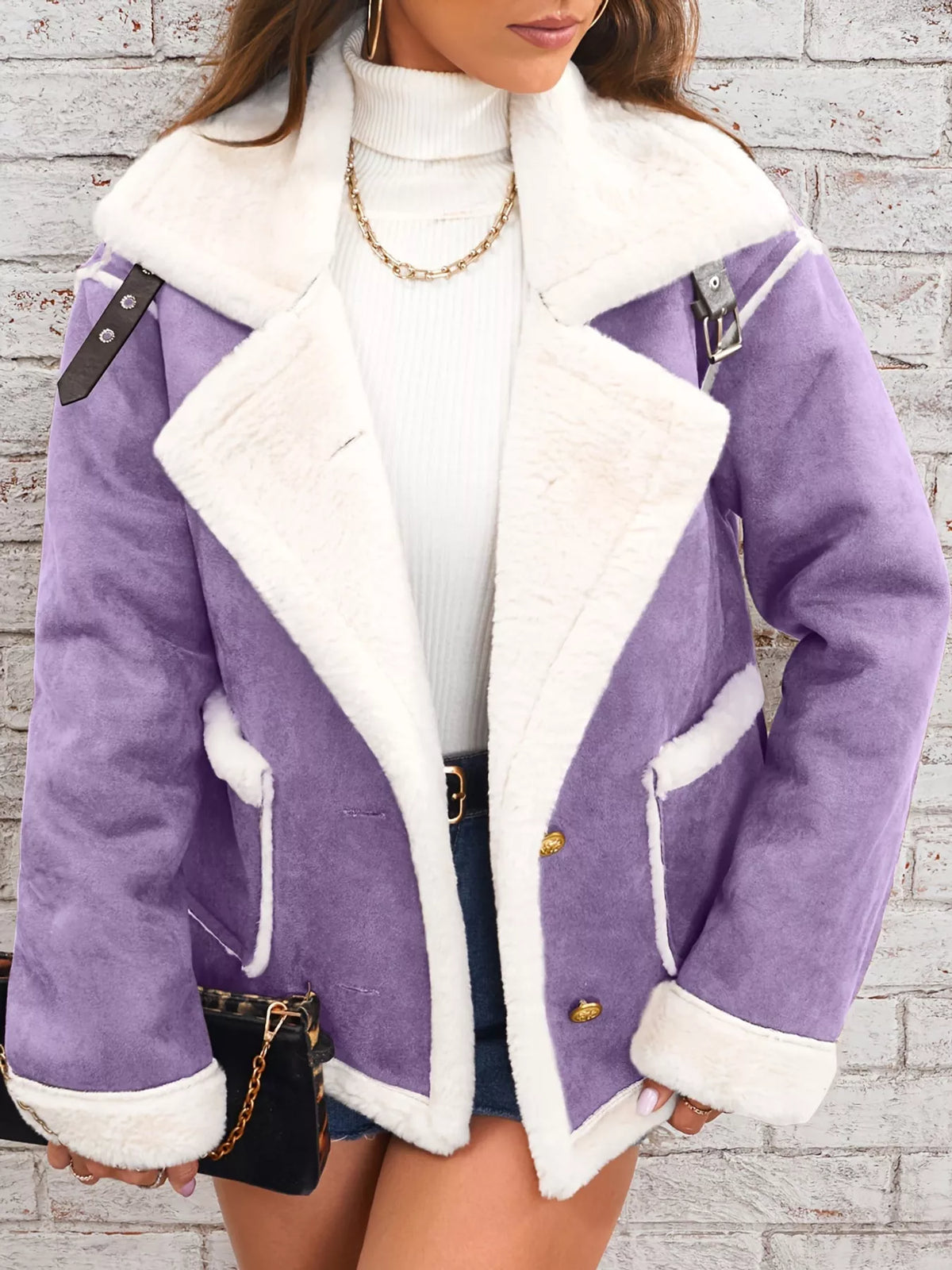 Purple plush-lined button-front jacket — front view