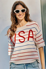 Trendsi SO ME Usa Stripe Knit Short Sleeves Sweater Top -