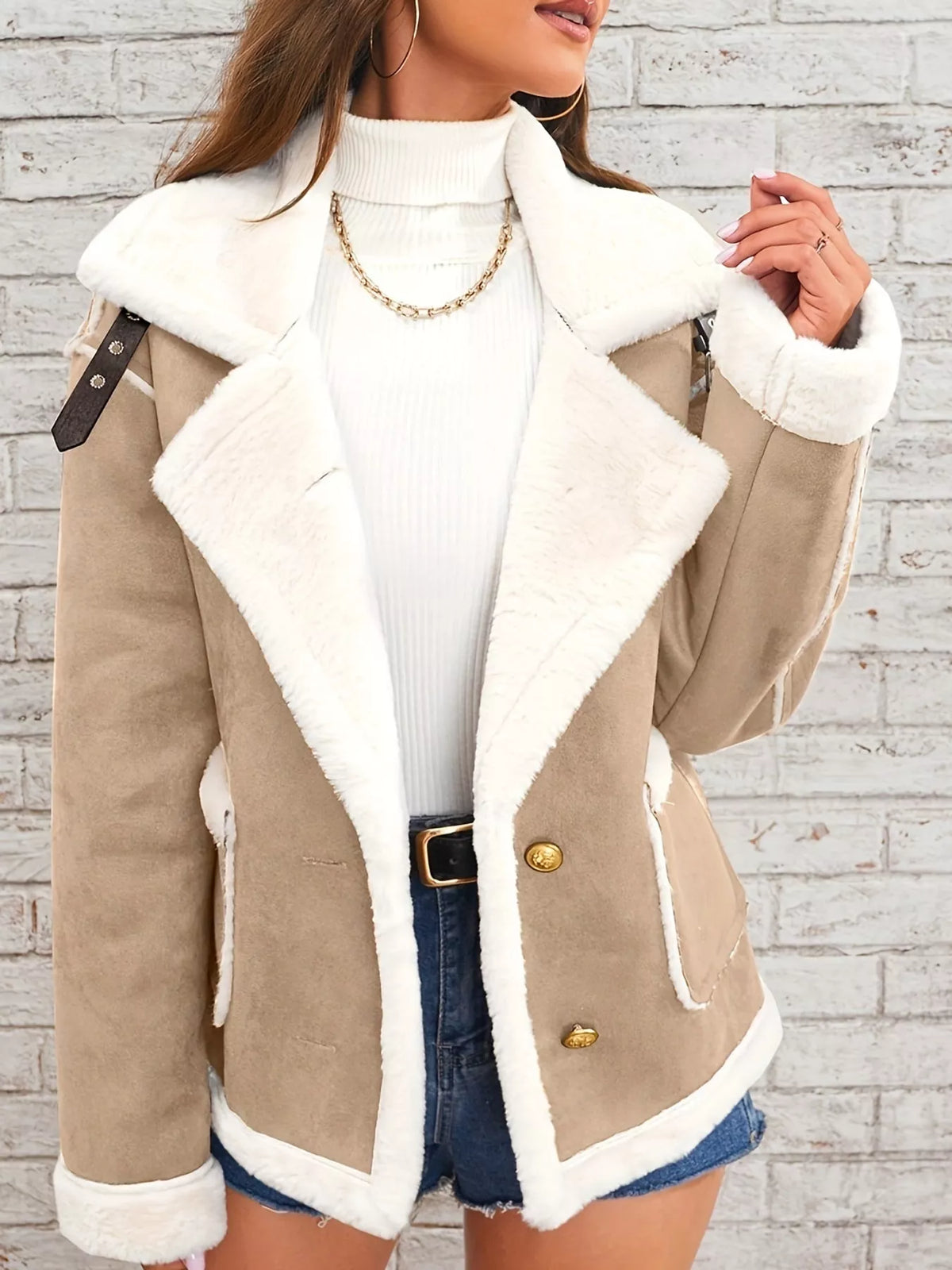 Tan plush-lined button-front jacket — front view