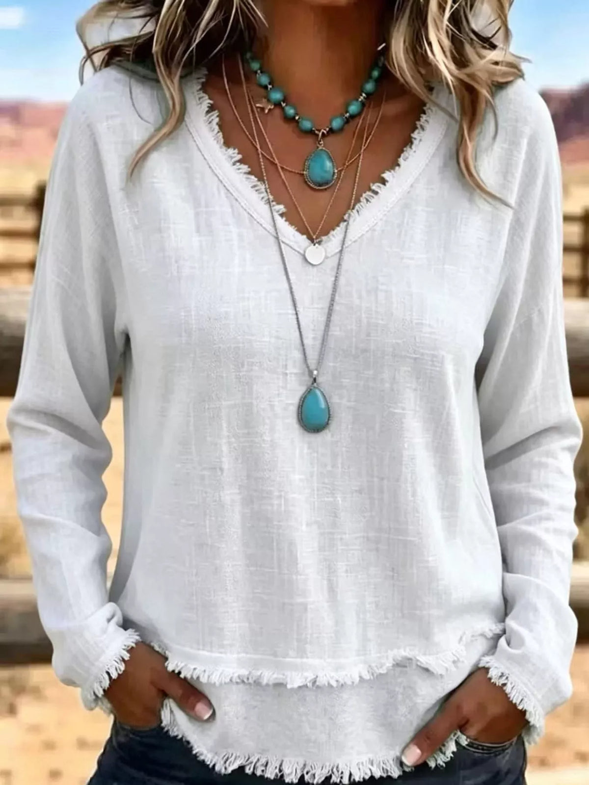 Frayed V-neck blouse, white front