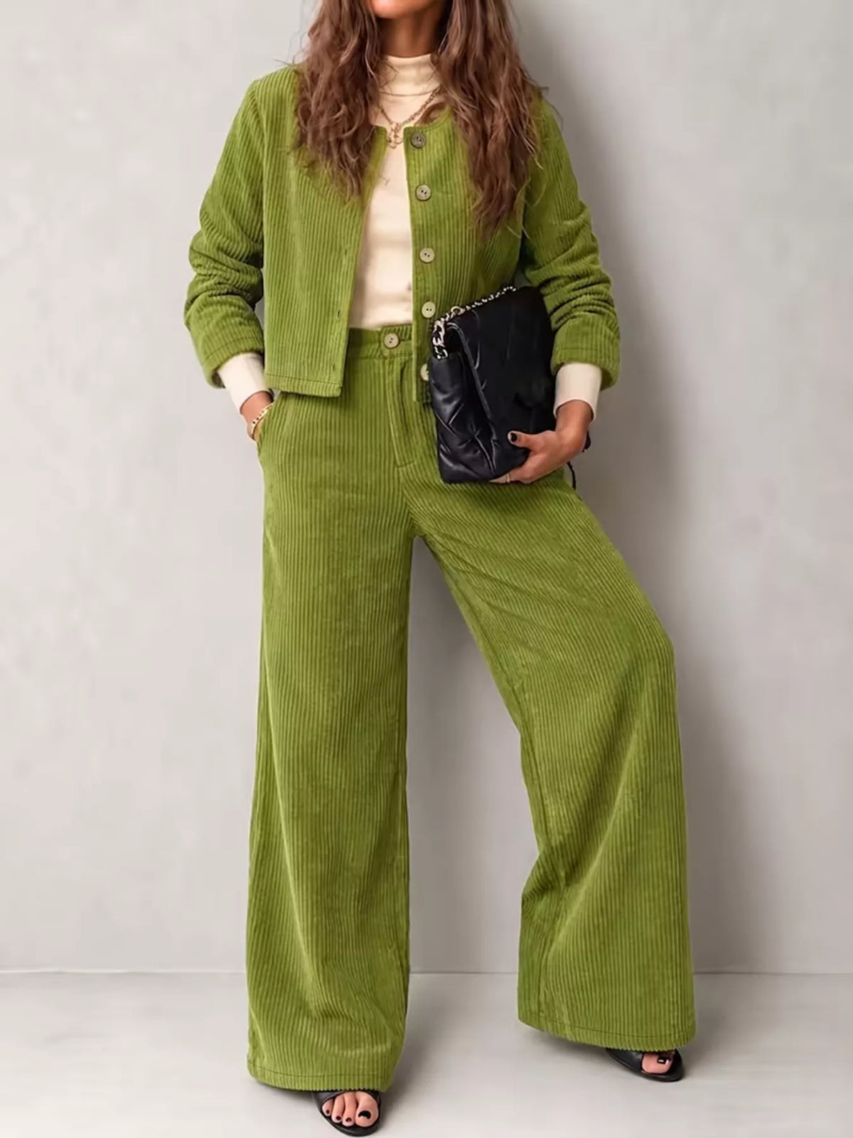 Women's Corduroy Button-Down Jacket and Wide-Leg Pants Two-Piece Set in green — front view