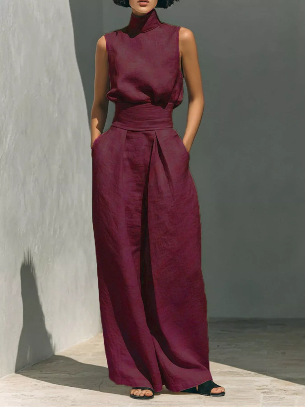 Turtleneck sleeveless top and wide-leg pants set