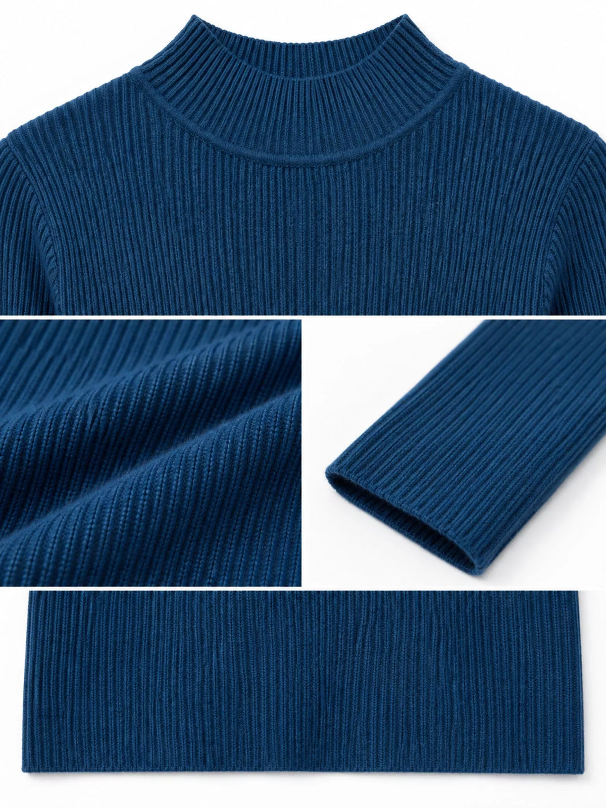 Navy ribbed mock neck long sleeve knit top, ribbed knit and neckline detail