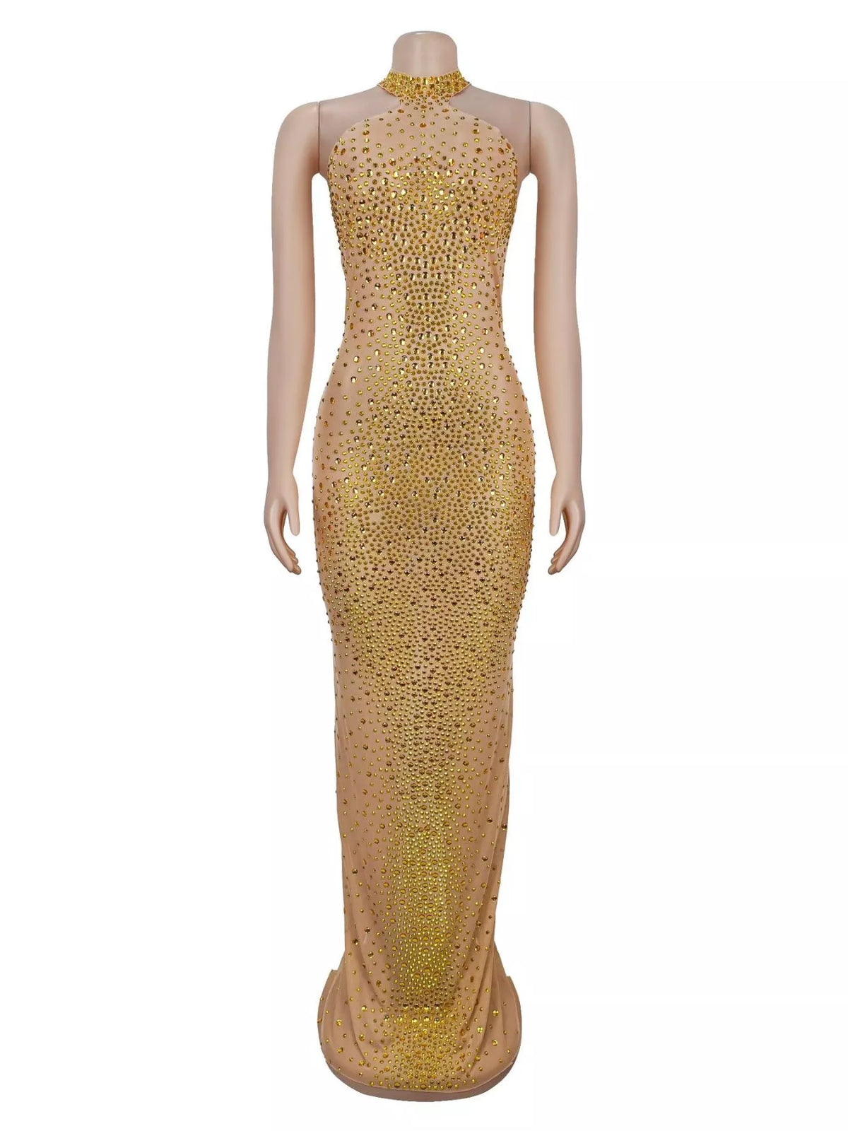 Gold rhinestone mesh maxi dress with back slit, front on mannequin.