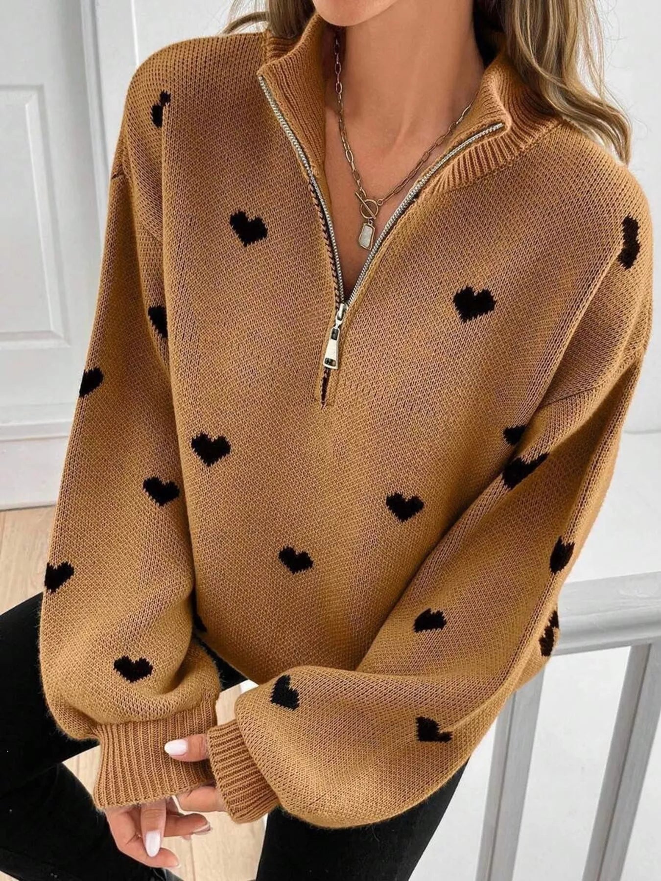 Trendsi Full Size Heart Half-Zip Long Sleeve Sweater Plus Size -