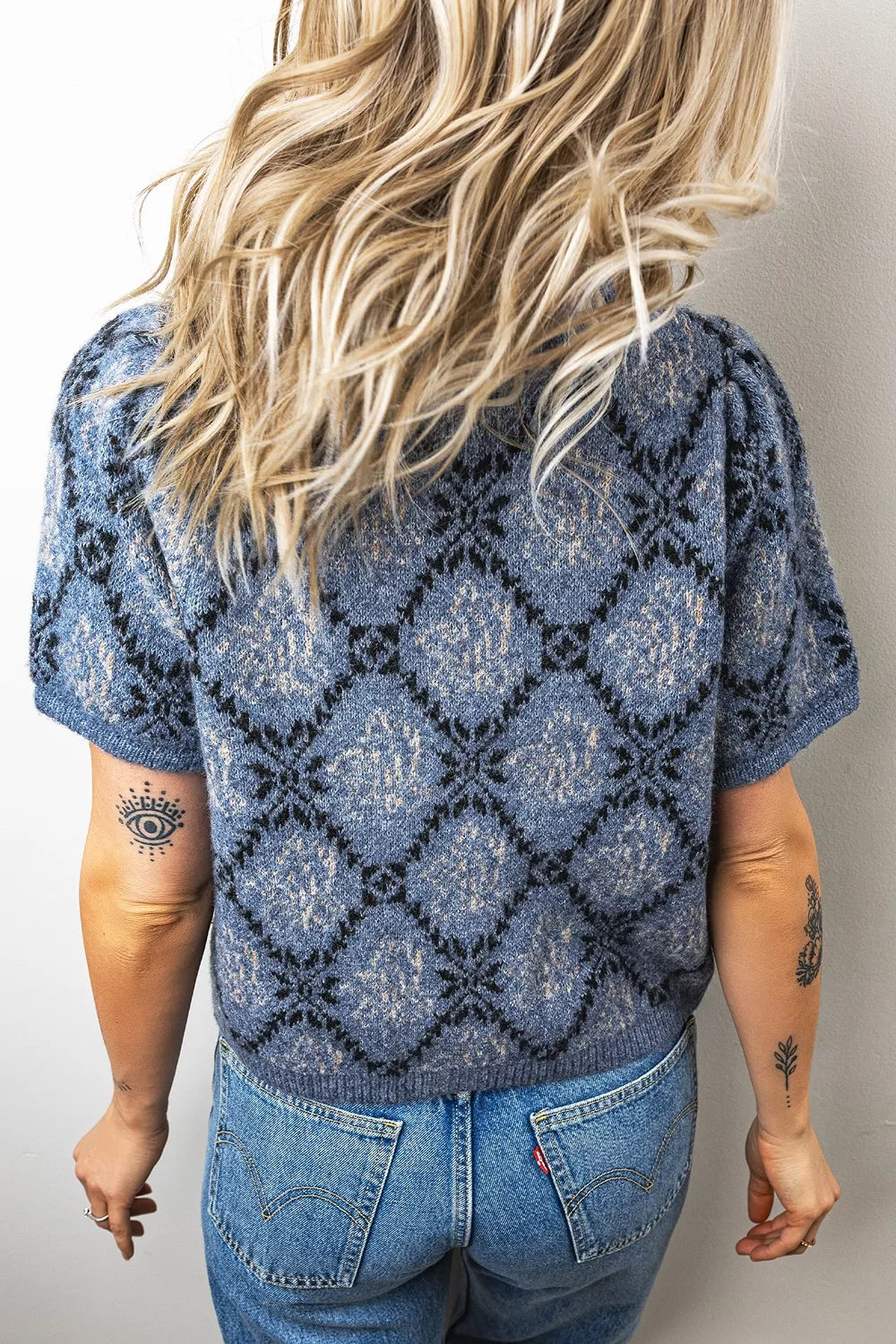 Blue geometric short sleeve cardigan, back view