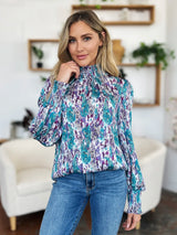 Trendsi Double Take Full Size Printed Smocked Long Sleeve Blouse -