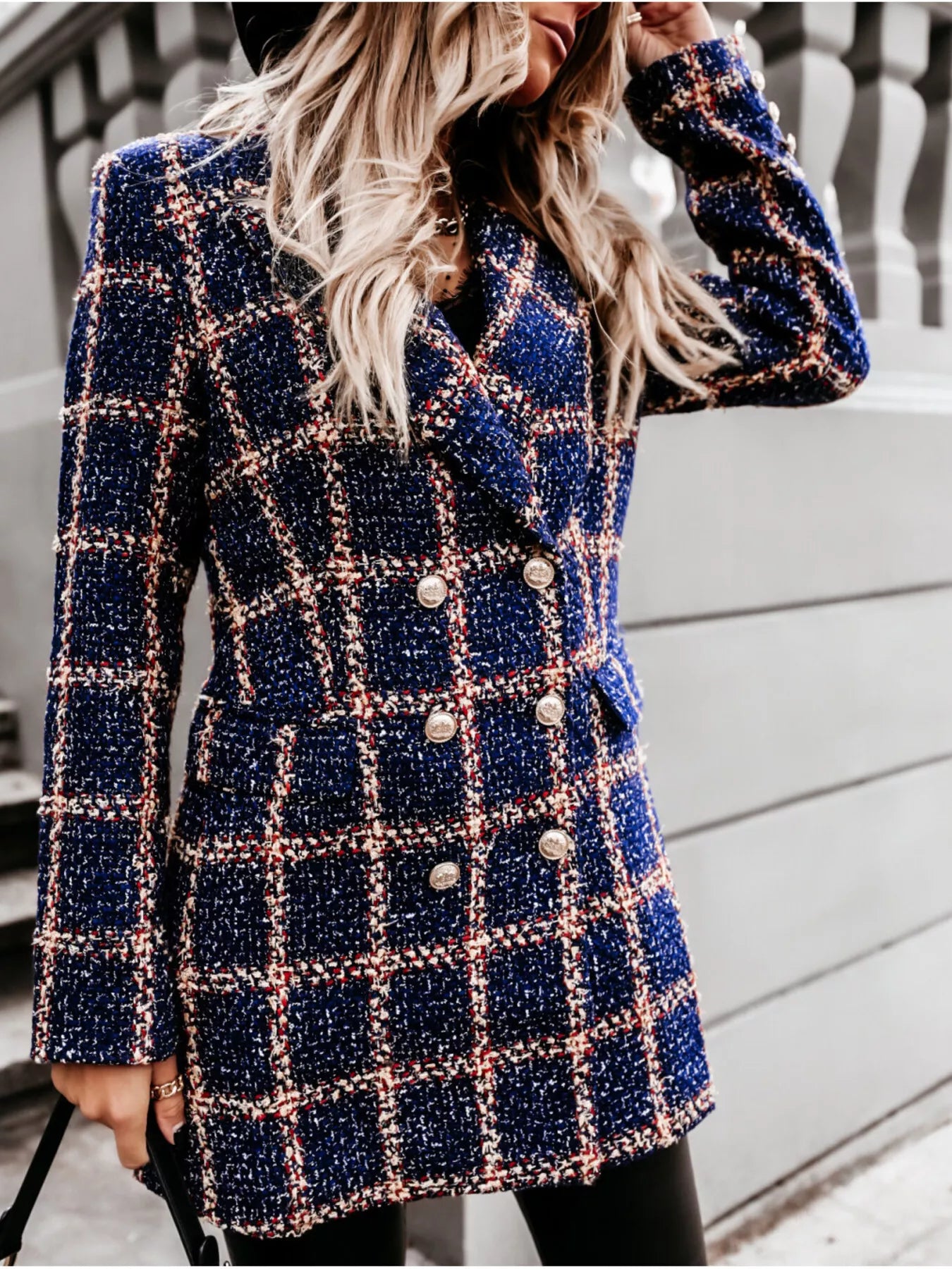 Trendsi Plaid Tweed Double-Breasted Coat -