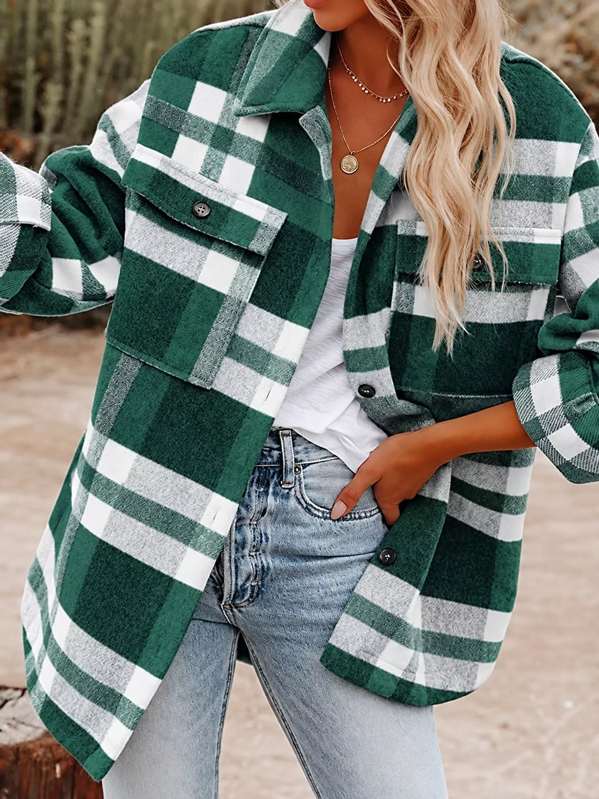 Collared long sleeve jacket, front view on model