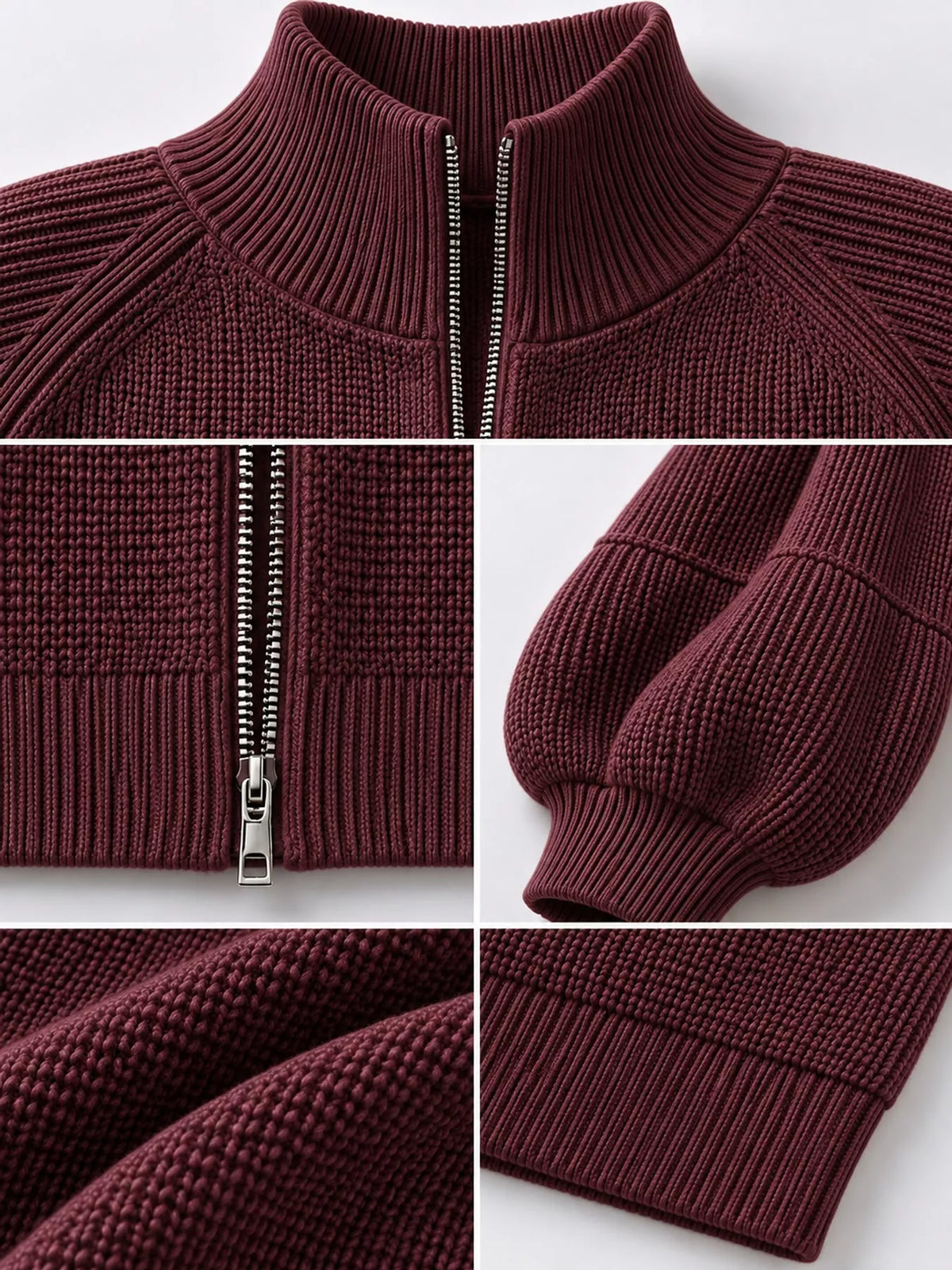 Burgundy ribbed knit zip-up lantern sleeve cardigan, detail view