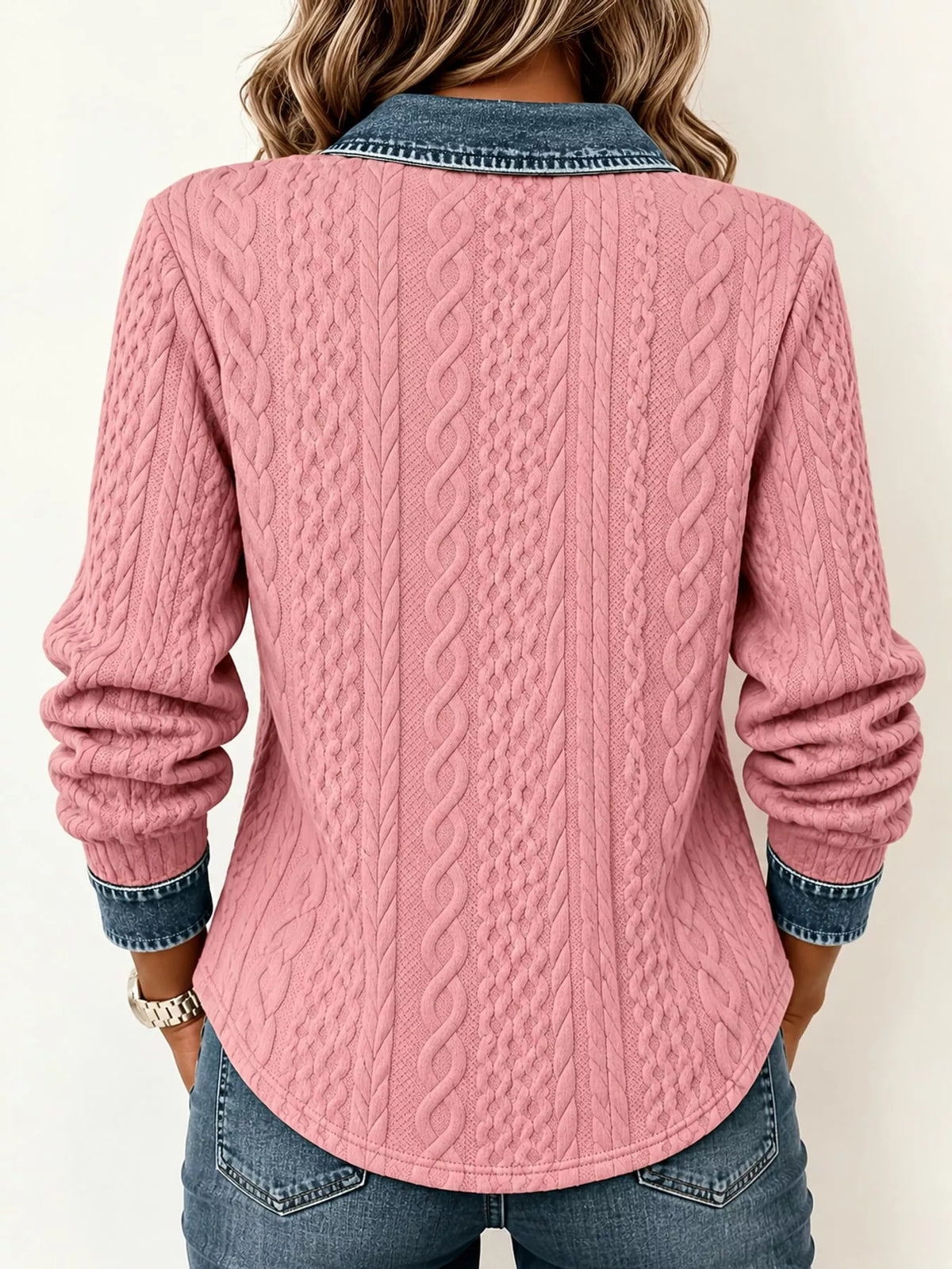 Contrast Denim Trim Textured Button-Down Shirt — back view