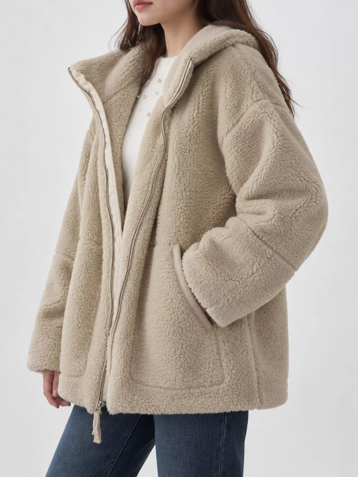 Taupe sherpa zip-up jacket, side view