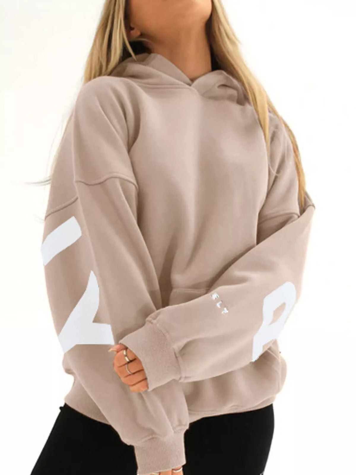 Letter Back Dropped Shoulder Hoodie — front view
