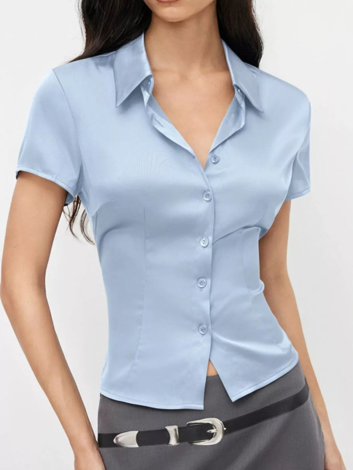 Satin Short Sleeve Button-Down Shirt in light blue