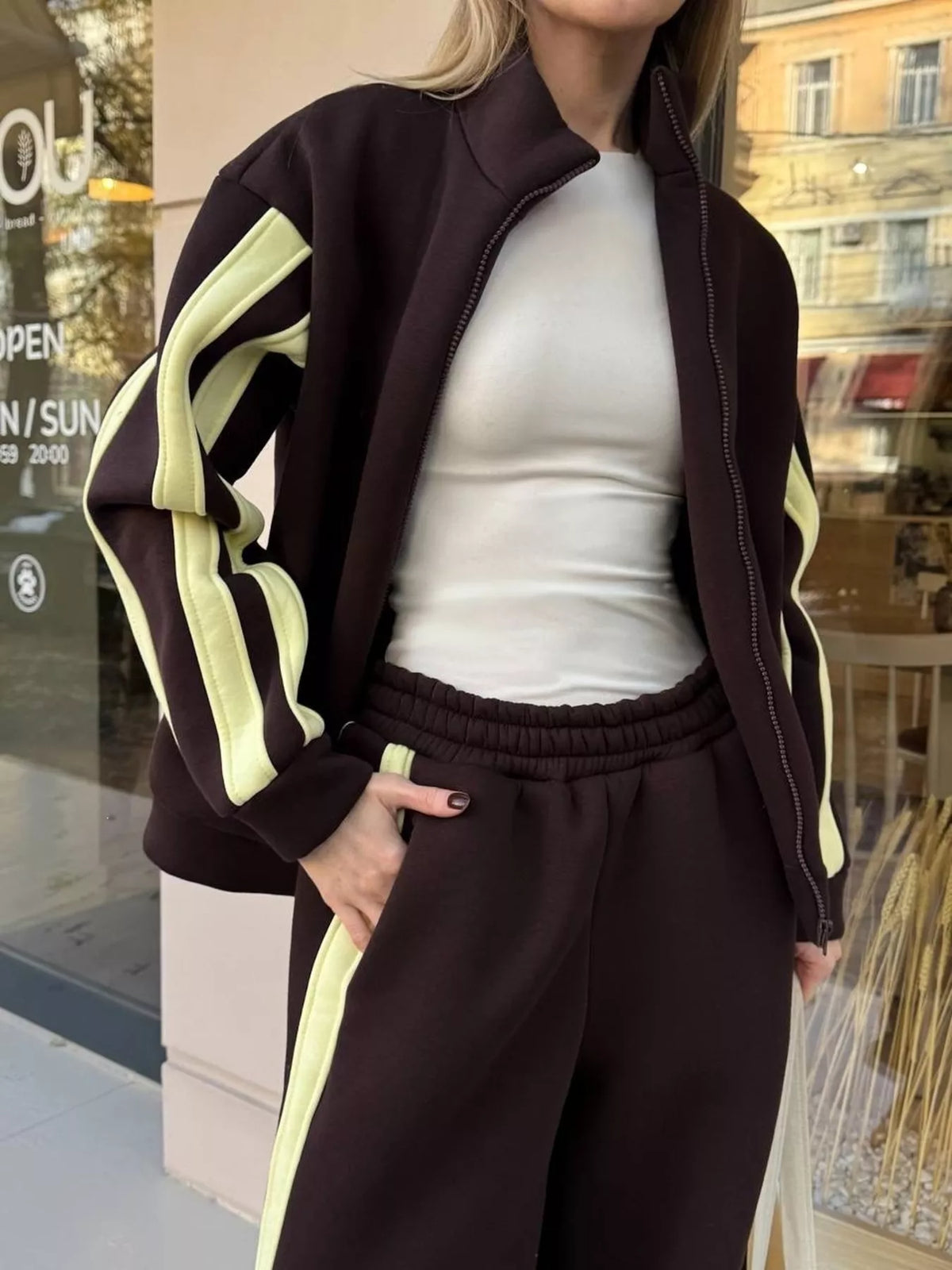 Trendsi Contrast Striped Zip Up Top and Pants Set -
