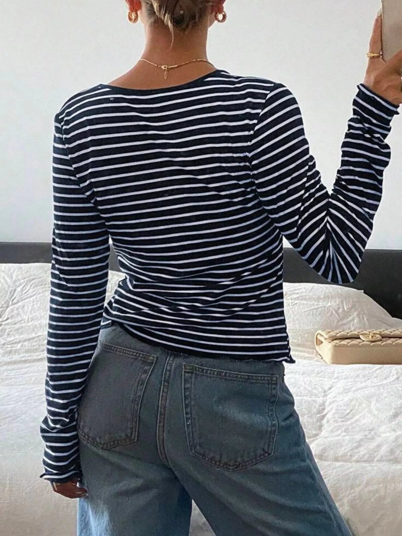 Trendsi Long Sleeve Striped Henley T-Shirt -