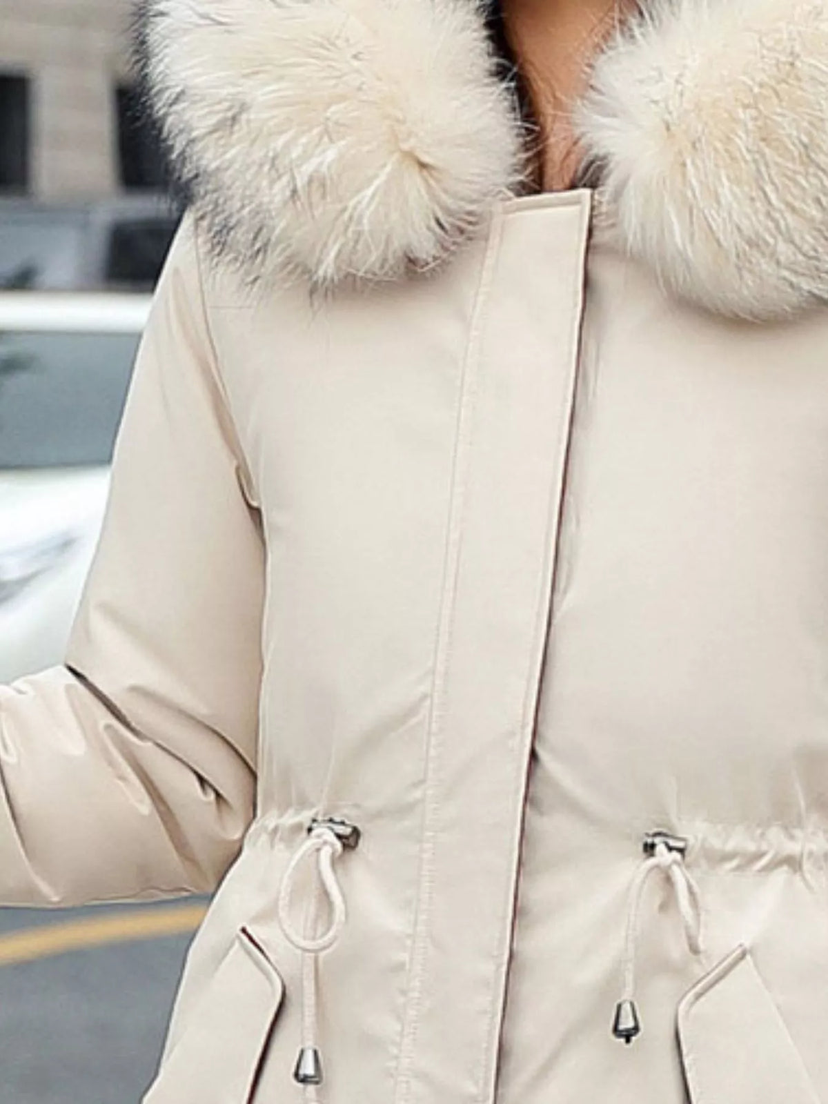 Faux-fur-trim parka, ivory collar front