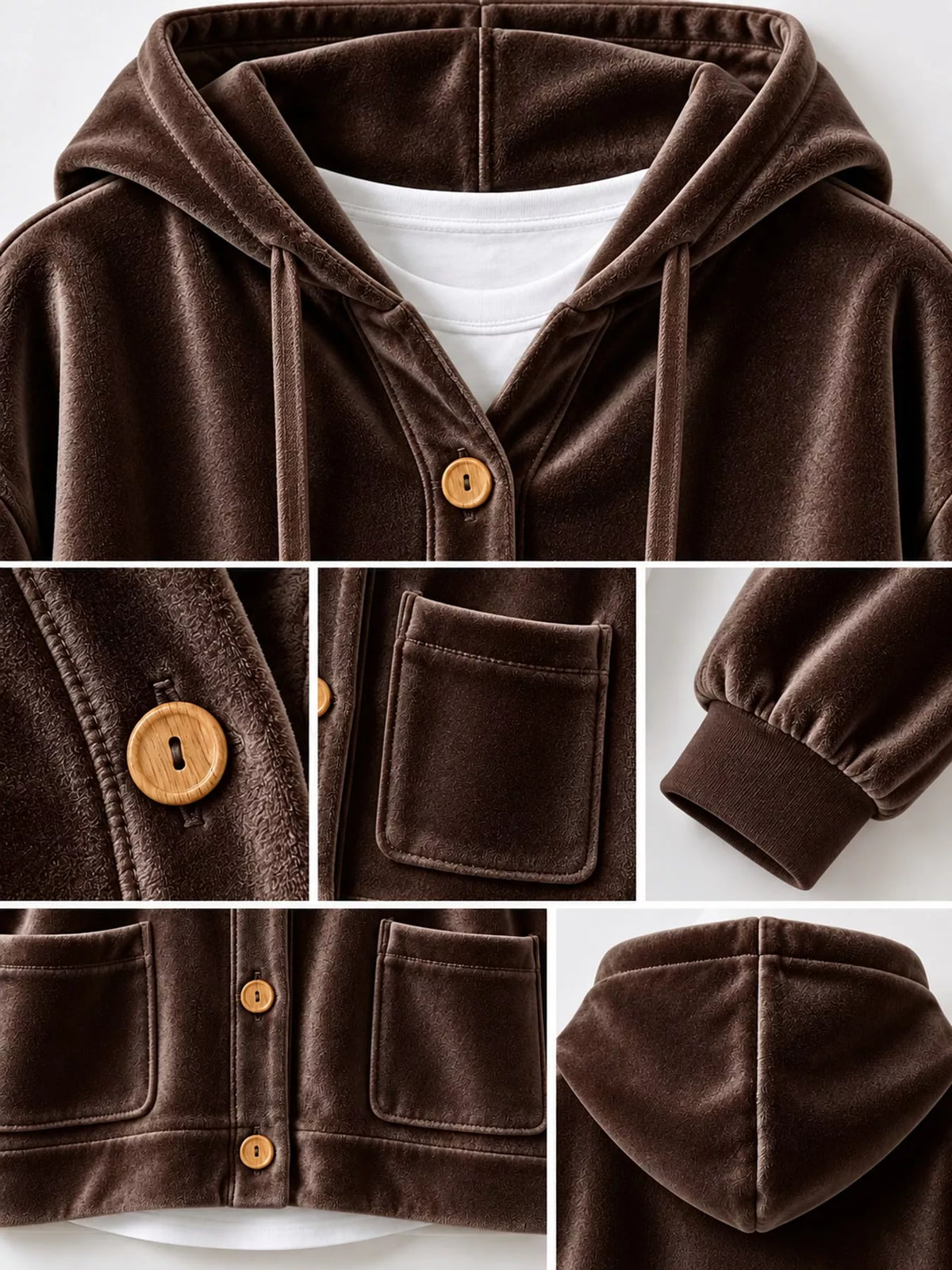 Brown velvet dropped shoulder hoodie, detail view