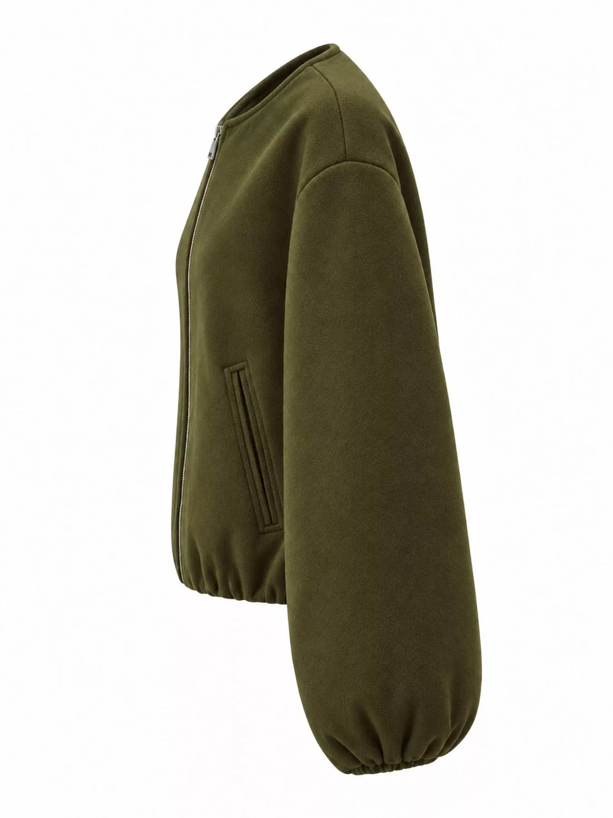 Olive zip-up long sleeve jacket — side view