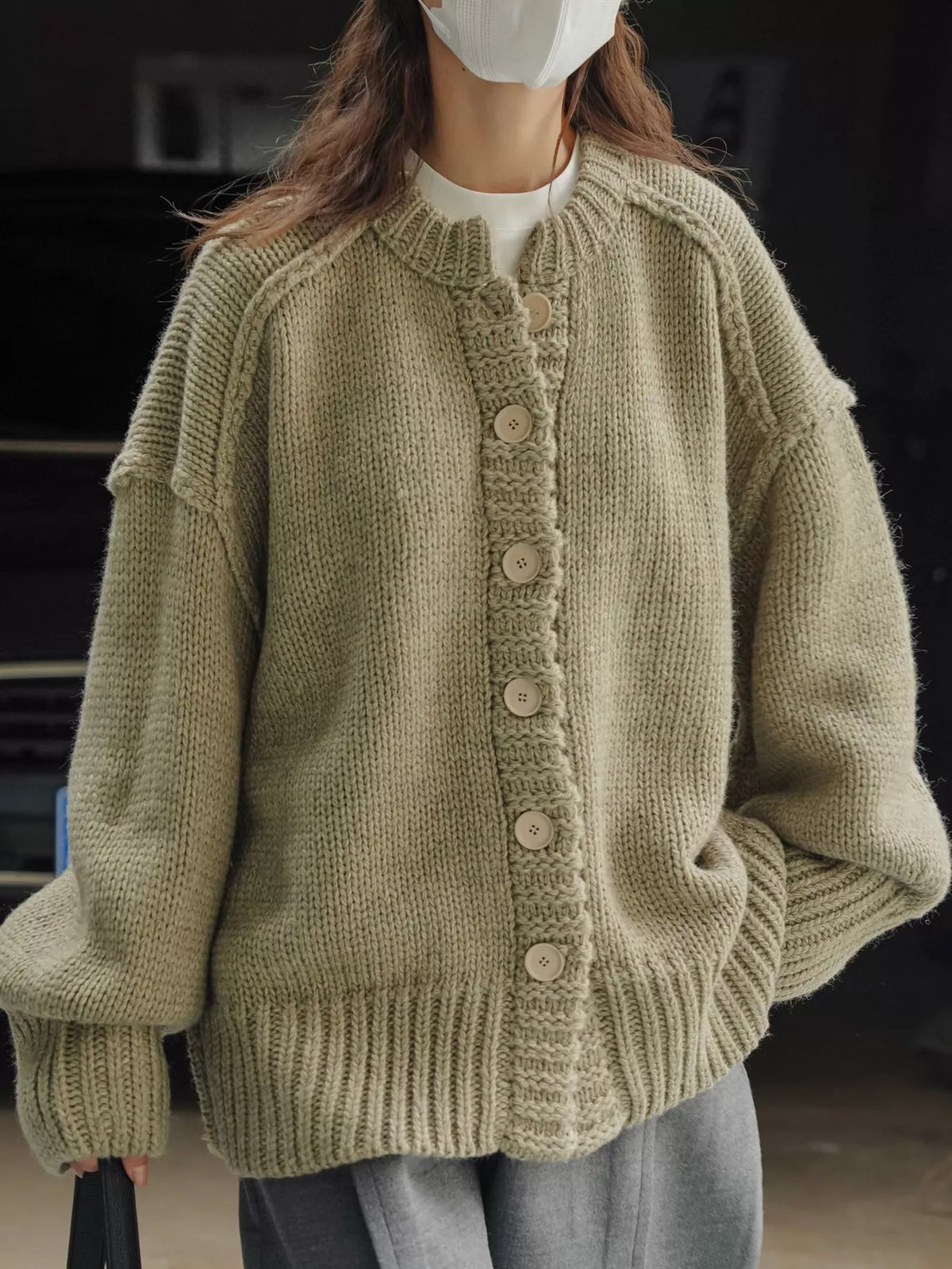 Oversized Chunky Knit Cardigan with Textured Button Placket in khaki-patterned