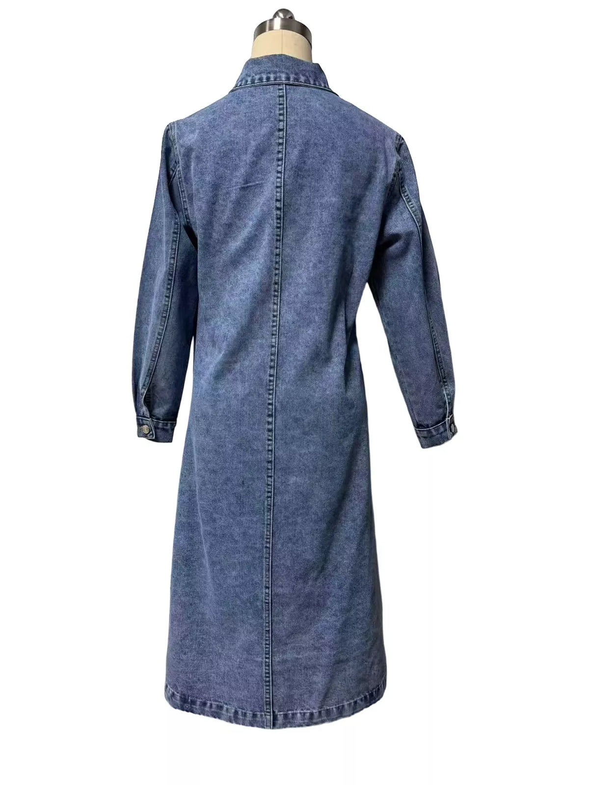 Long-Sleeve Button-Down Denim Dress, back view in blue