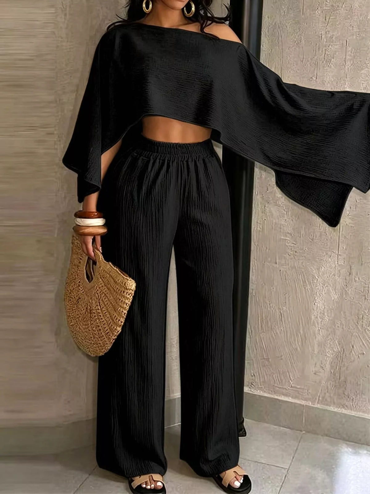 Women's Boat Neck Crop Top and Wide-Leg Pants Set in black — front view