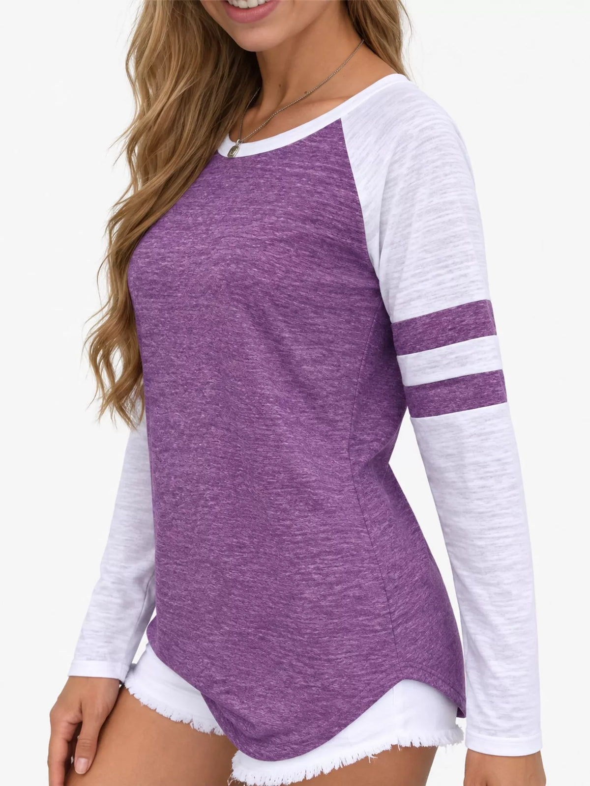 Purple color-block raglan sleeve striped t-shirt