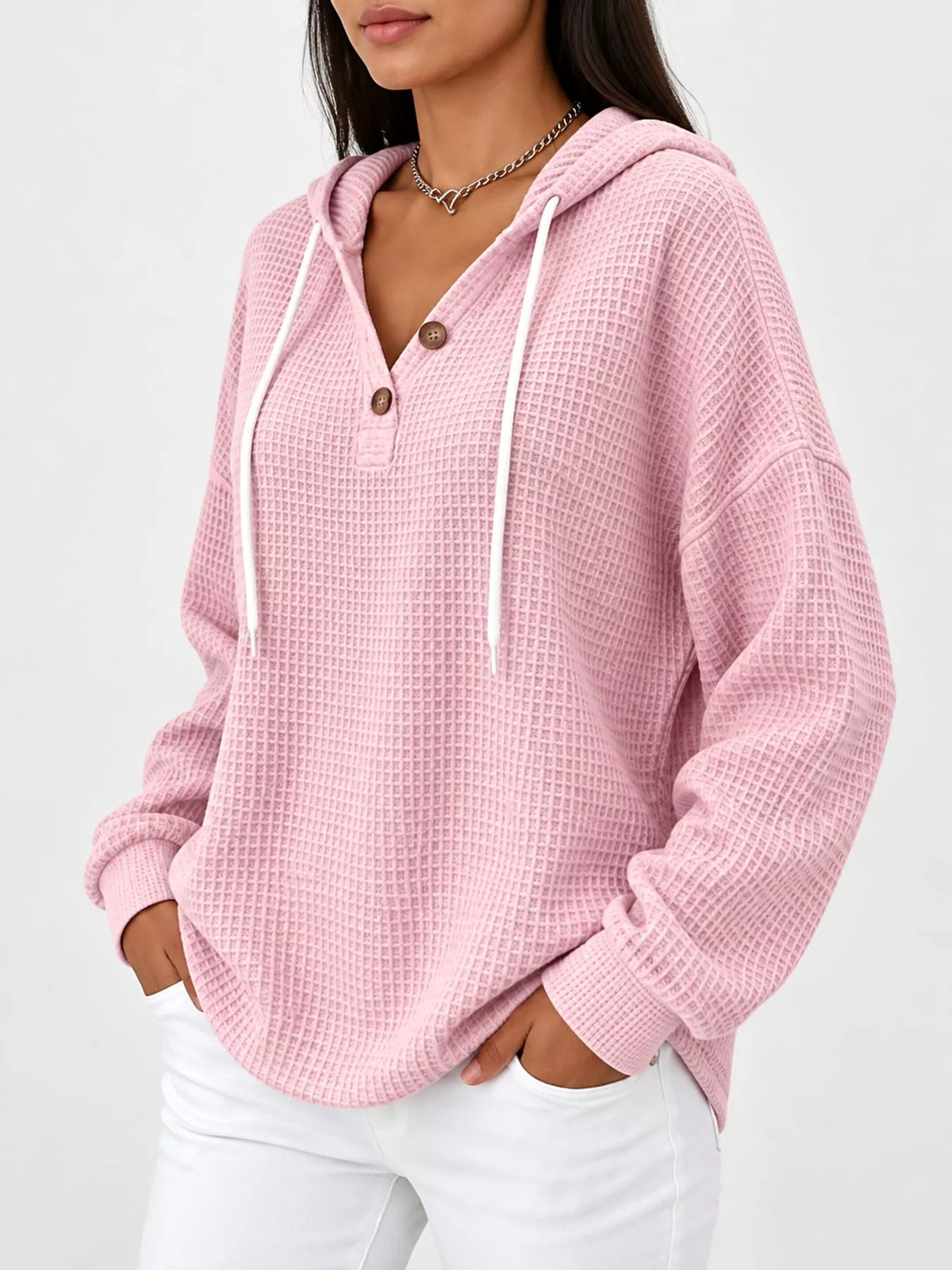 Waffle-knit hoodie, pink side
