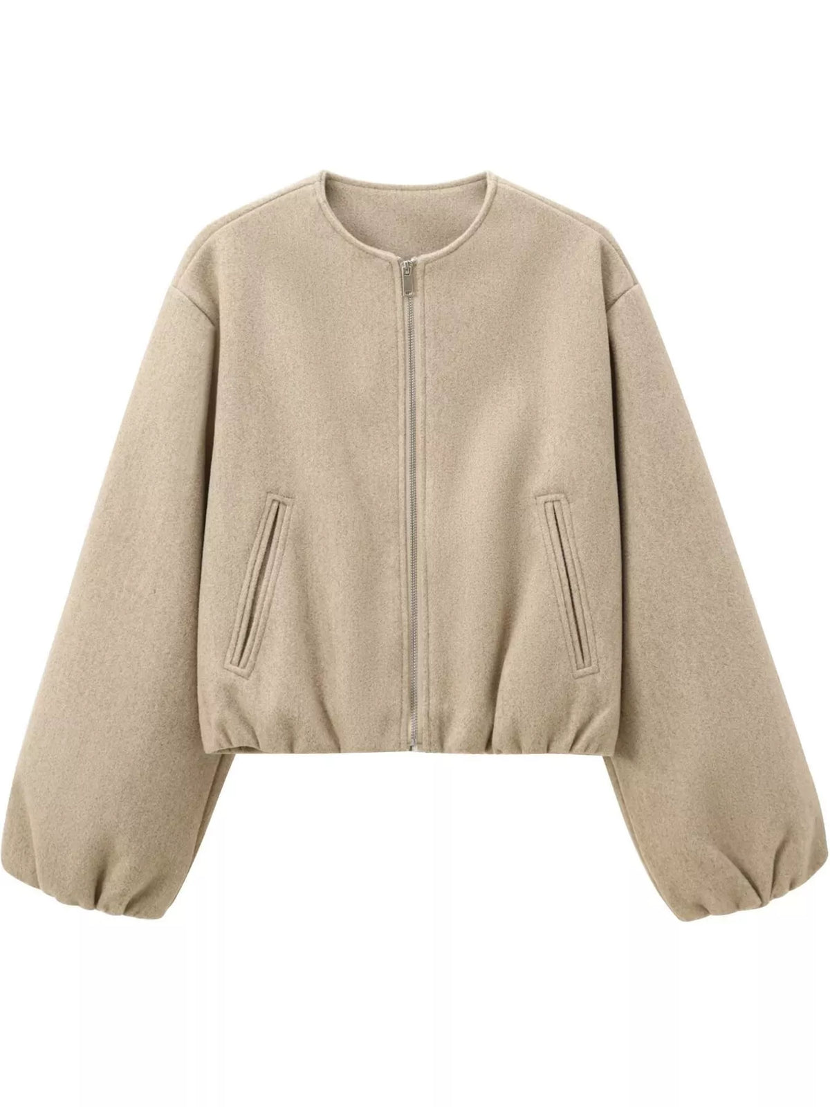 Beige zip-up long sleeve jacket — front view