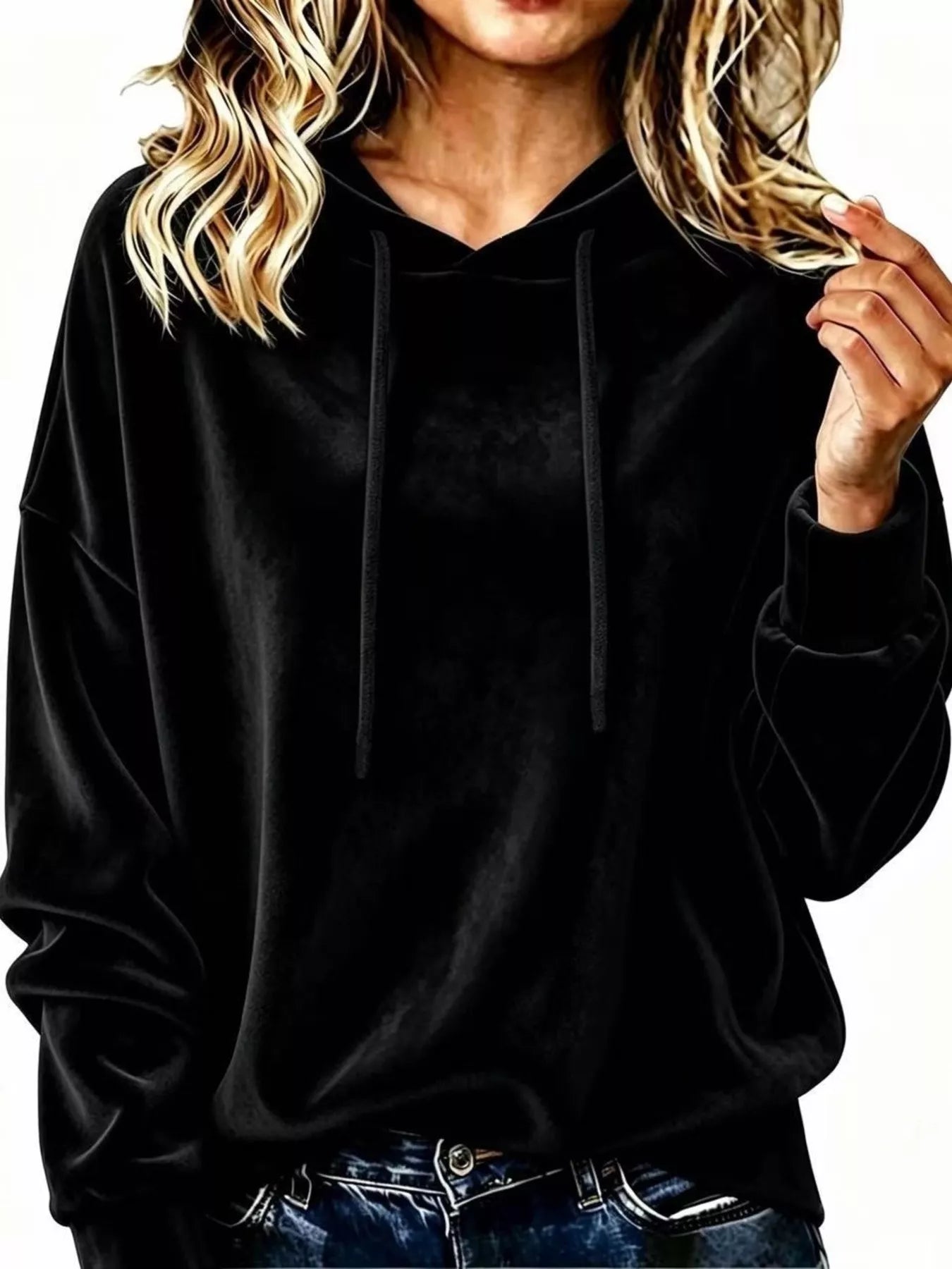 Trendsi Full Size Drawstring Velvet Long Sleeve Hoodie Plus Size -