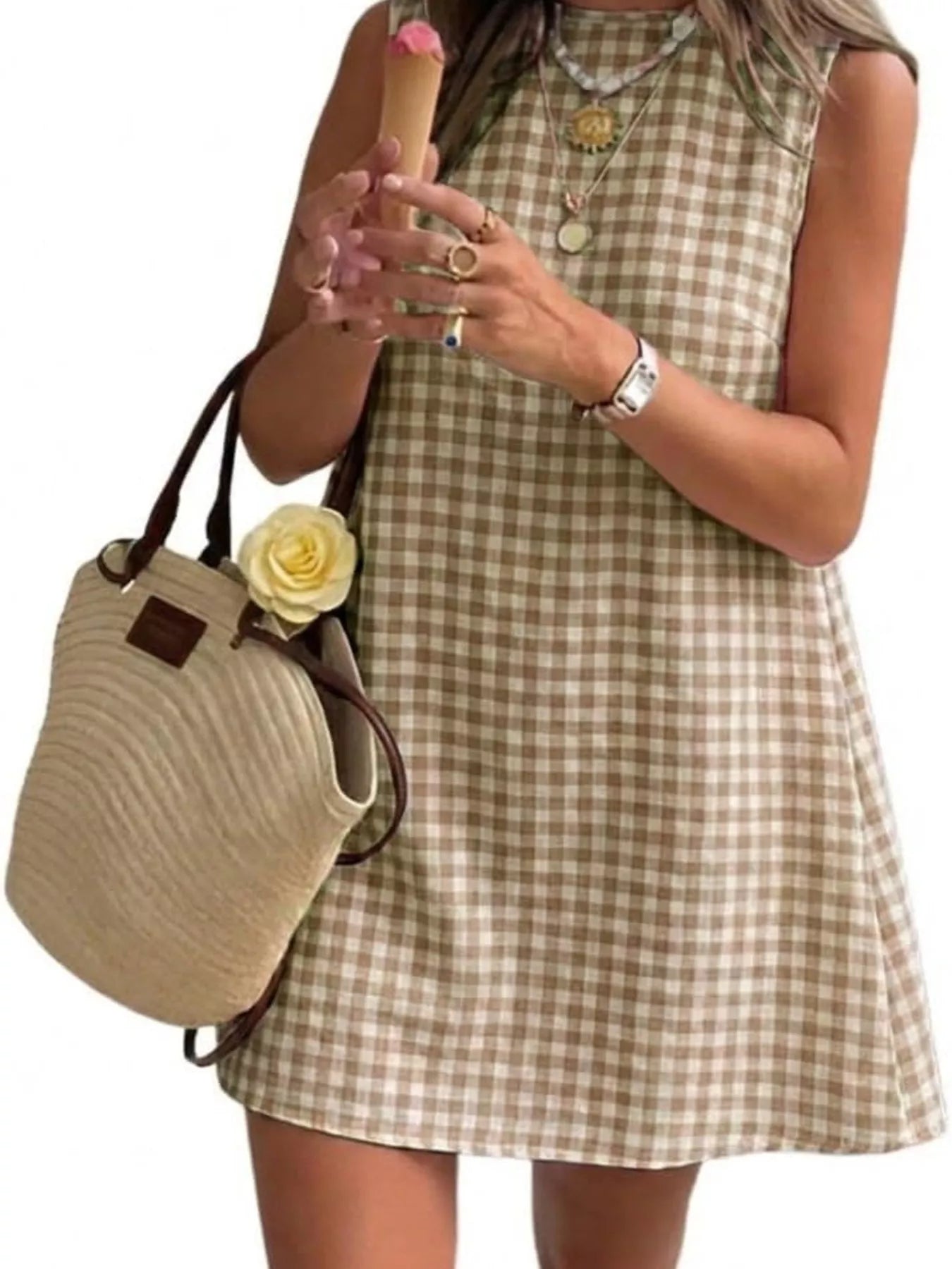 Trendsi Gingham Sleeveless A-Line Mini Dress -