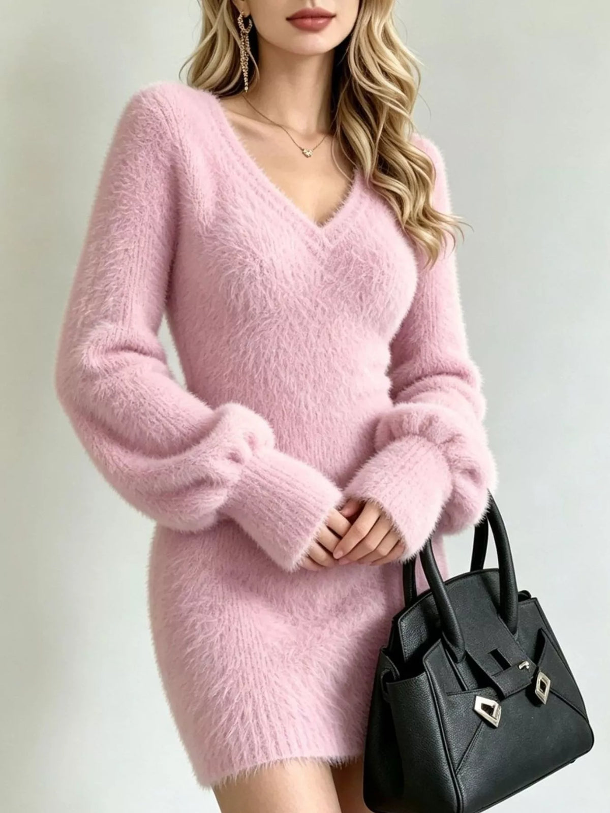 Fuzzy sweater dress, pink front