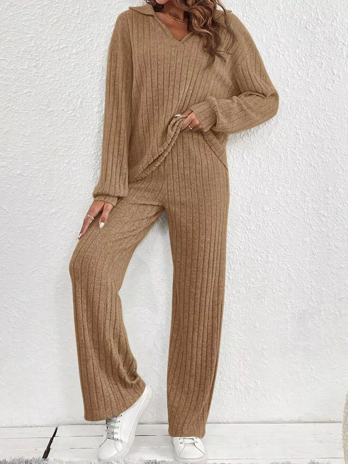 Ribbed Knit Collared Top and Wide Leg Pants Set in camel