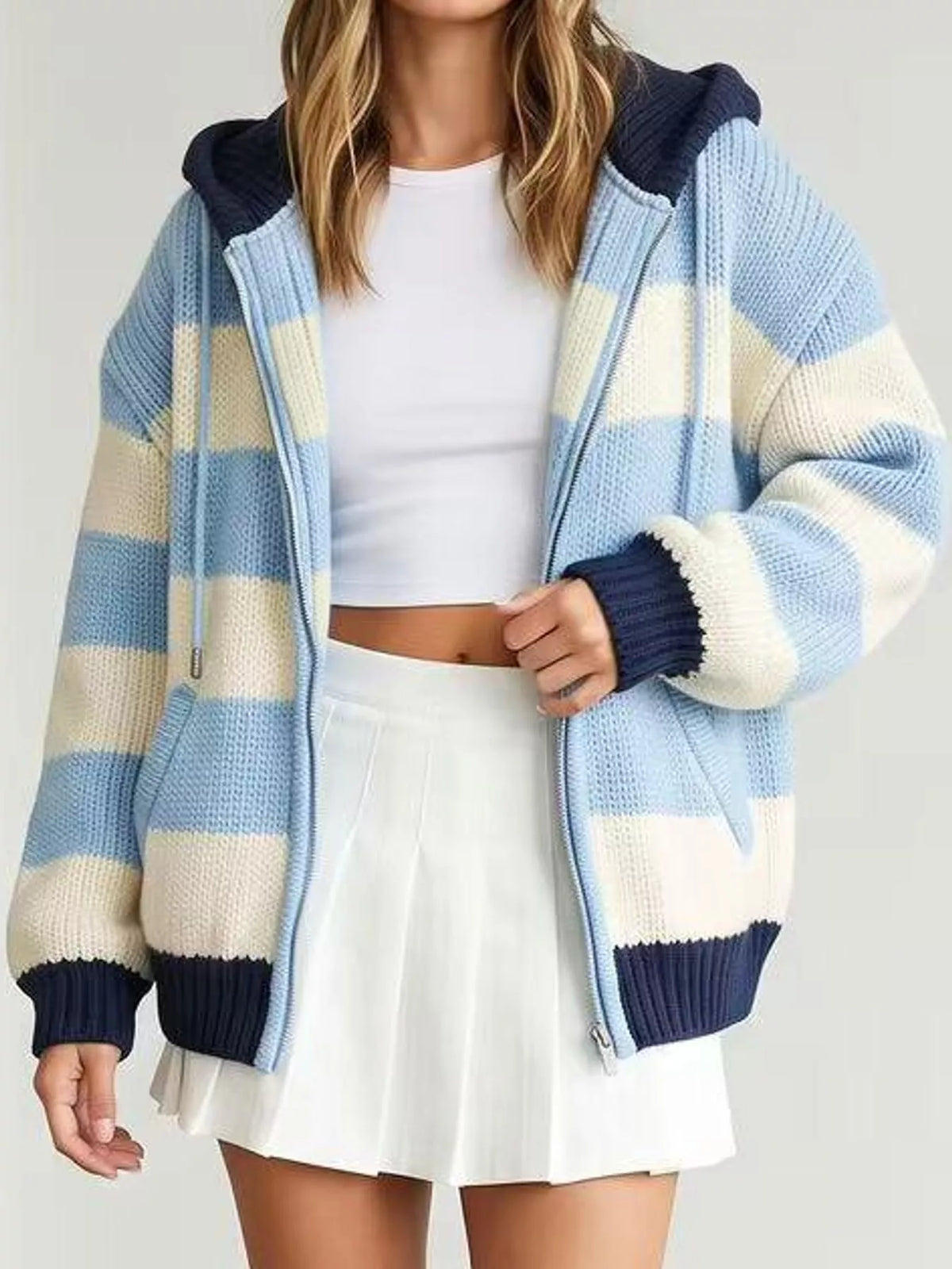 Hooded long sleeve cardigan, front view on model
