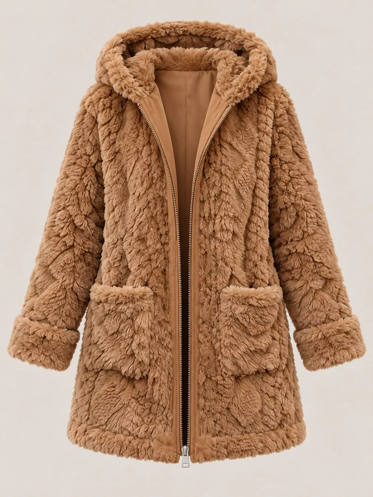Dark Brown faux fur hooded zip-up jacket
