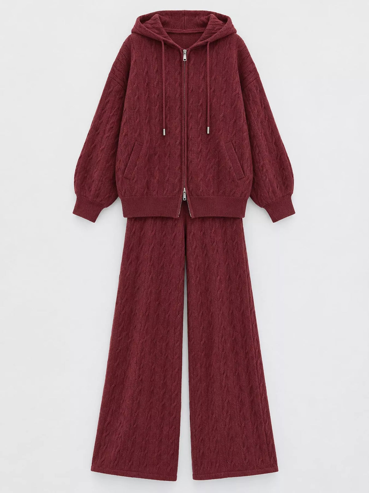 Cable-knit cardigan and pants set, burgundy flat lay