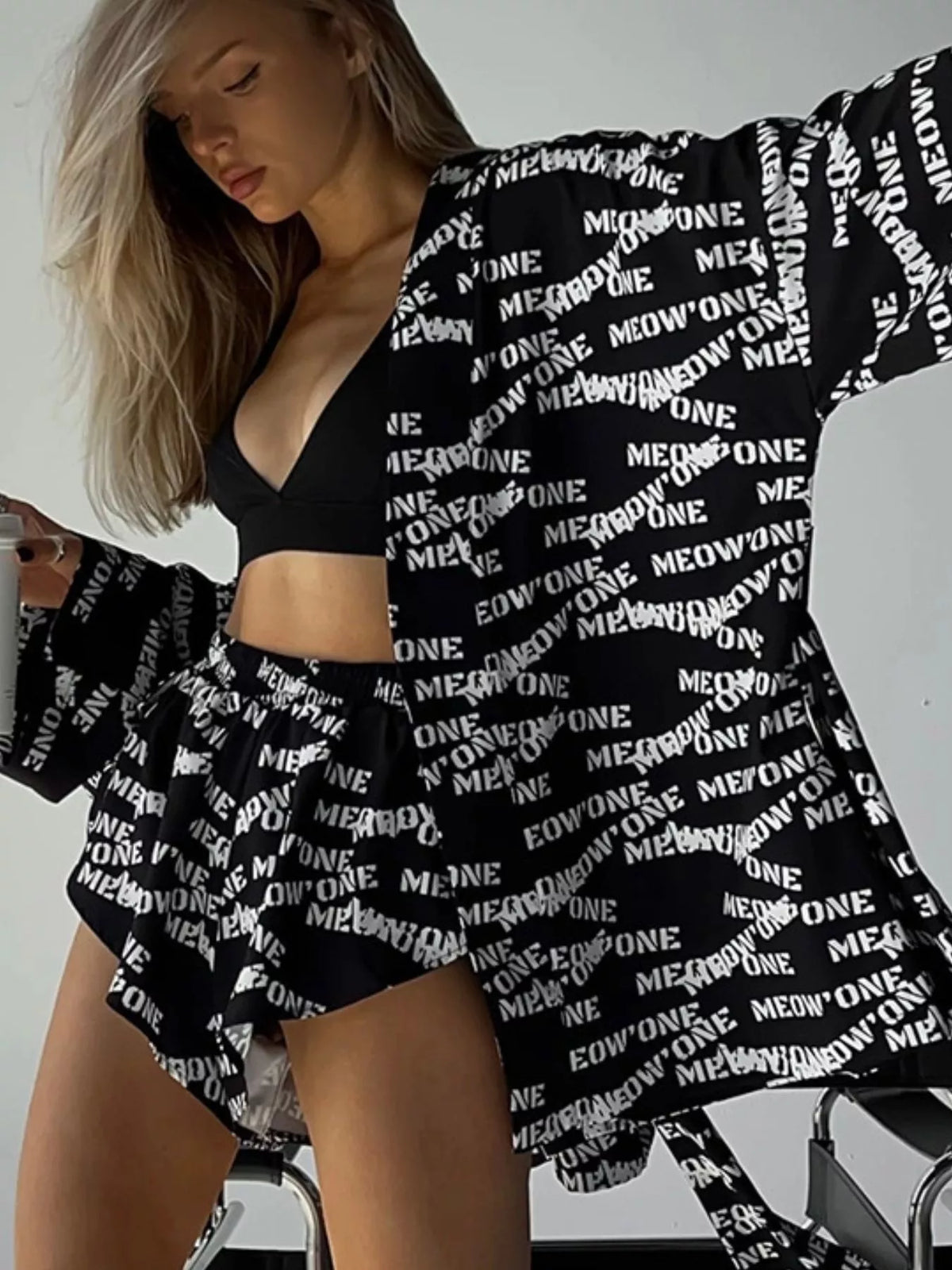 Printed cardigan and shorts set, black lettering-print set front