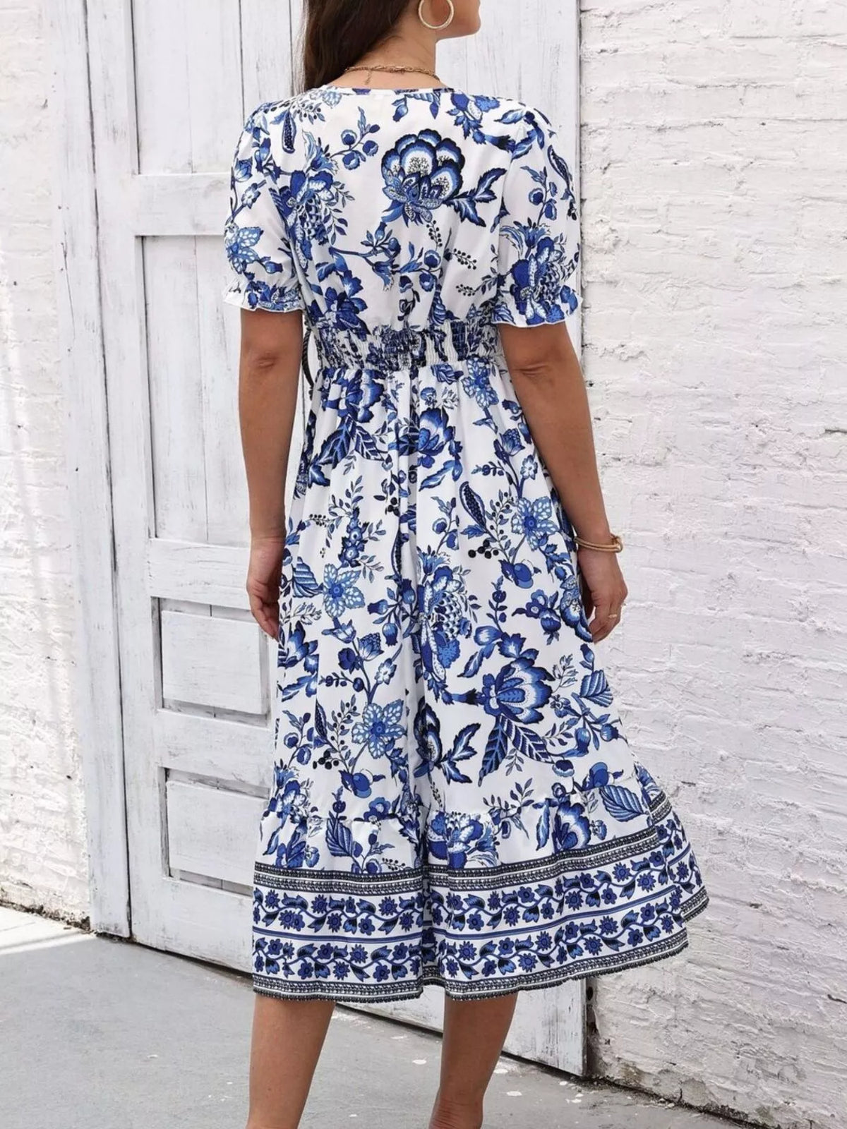 Trendsi Floral Print Puff Sleeve Wrap Midi Dress -