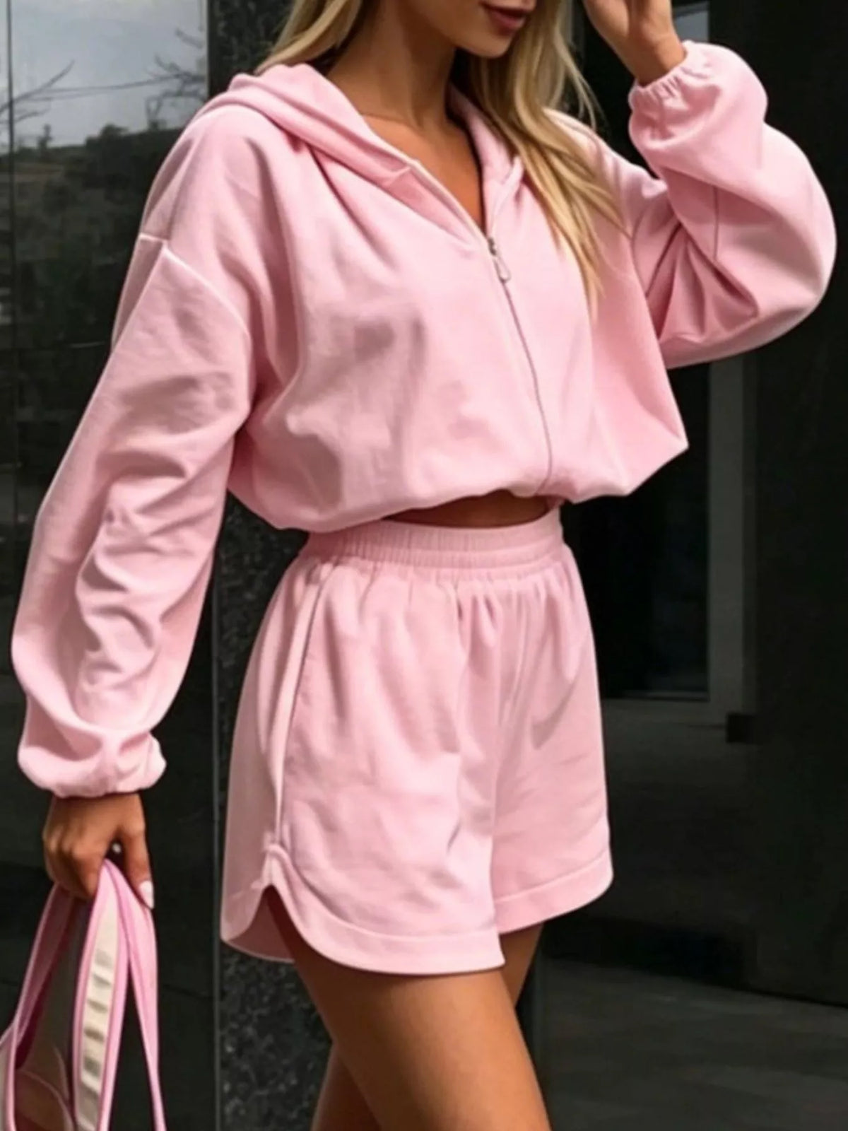 Trendsi Zip Up Crop Hoodie and Shorts Set -