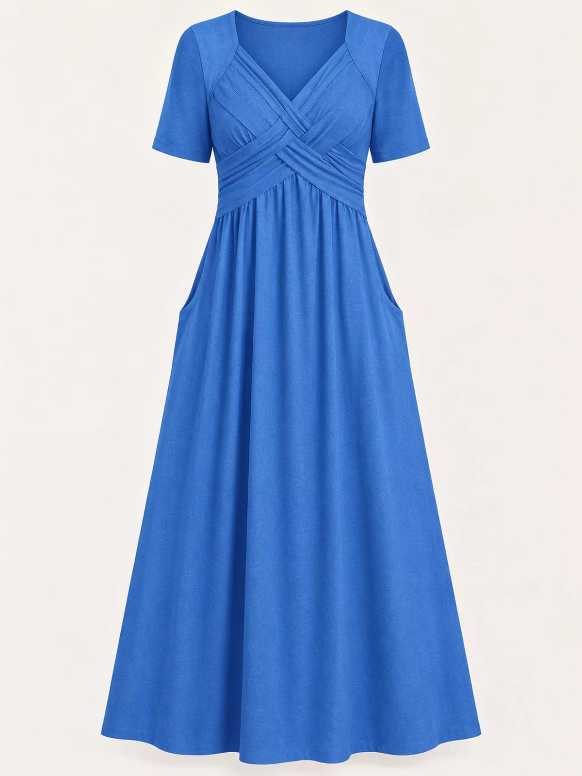 Blue crisscross short sleeve midi dress, front view