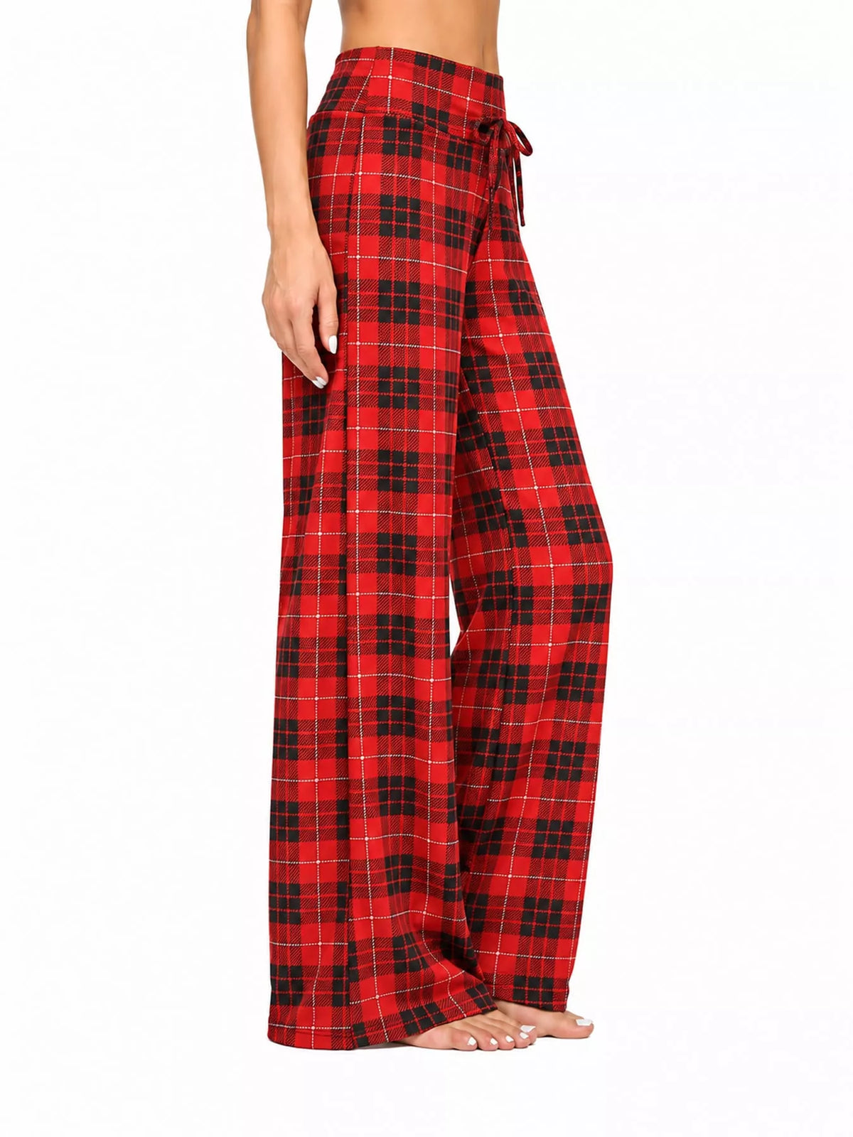 Red plaid drawstring wide-leg pants — side view